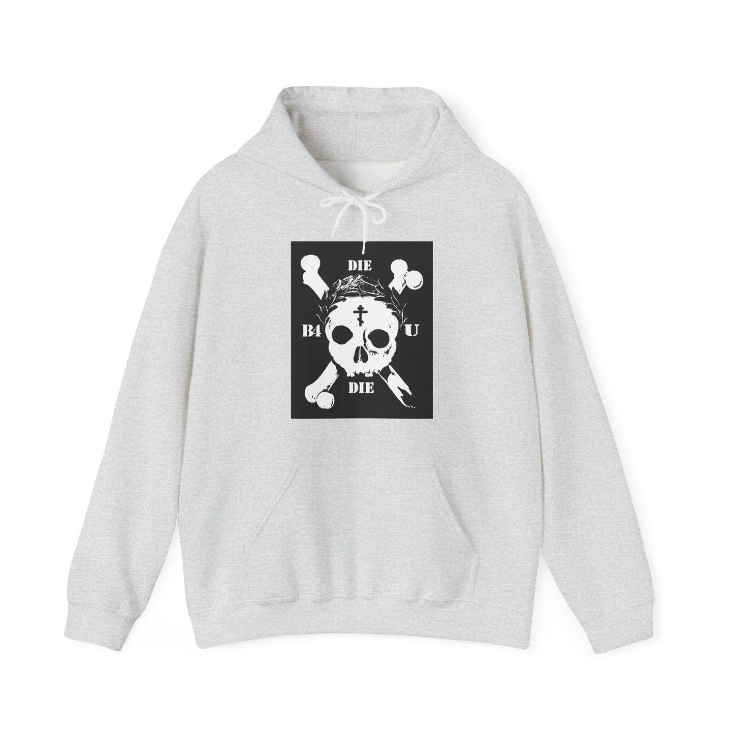 The "Die Before You Die" hoodie features a retro skull & crossbones, Orthodox cross, laurel victory wreath, and "Memento Mori" graphics—ascetic Christian apparel inspired by Matthew 16:24-25.