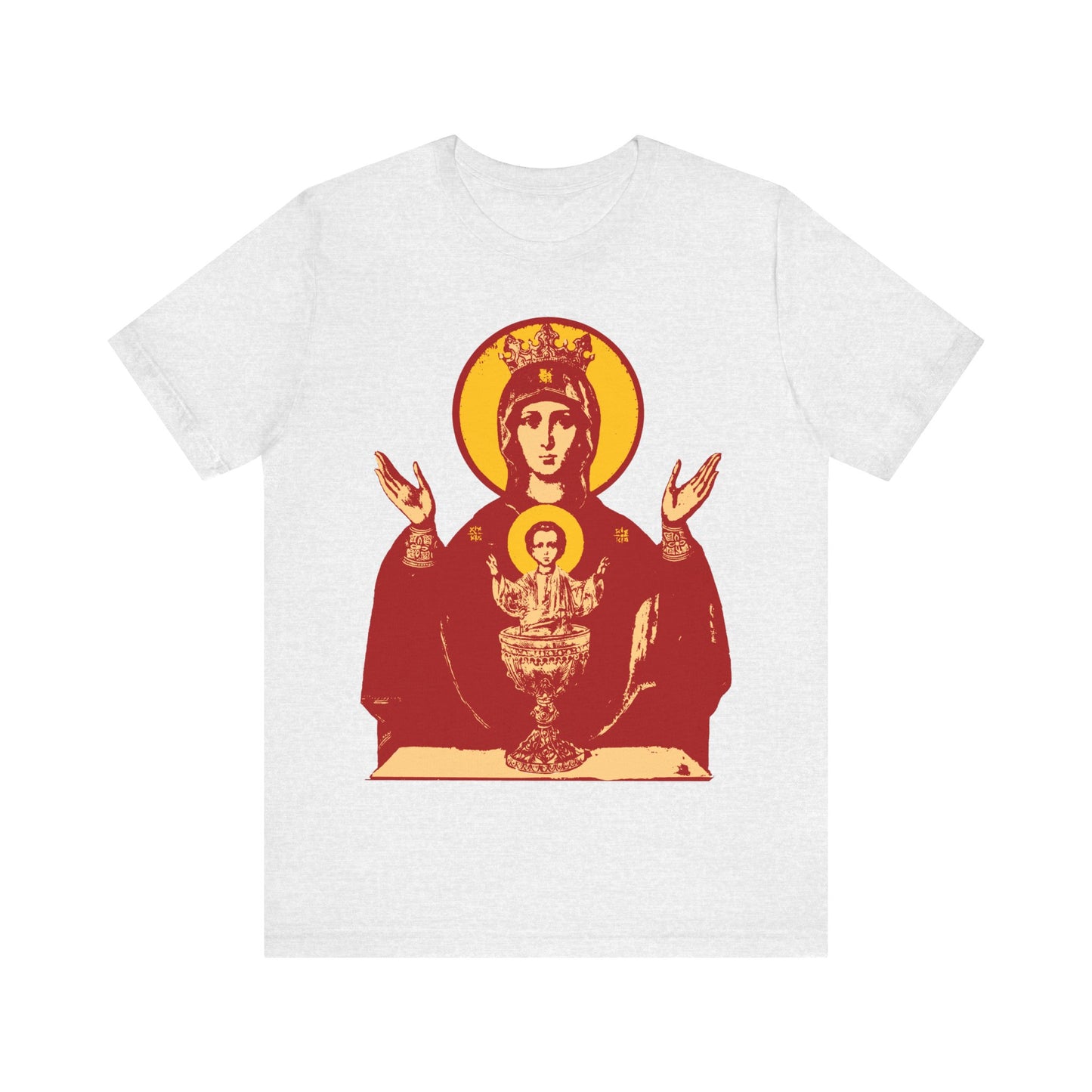 Ash T-shirt featuring the Holy Theotokos IconoGraphic of the Inexhaustible Chalice, Deliverer from Addictions and Conqueror of Passions, inspired by Orthodox Christian tradition.