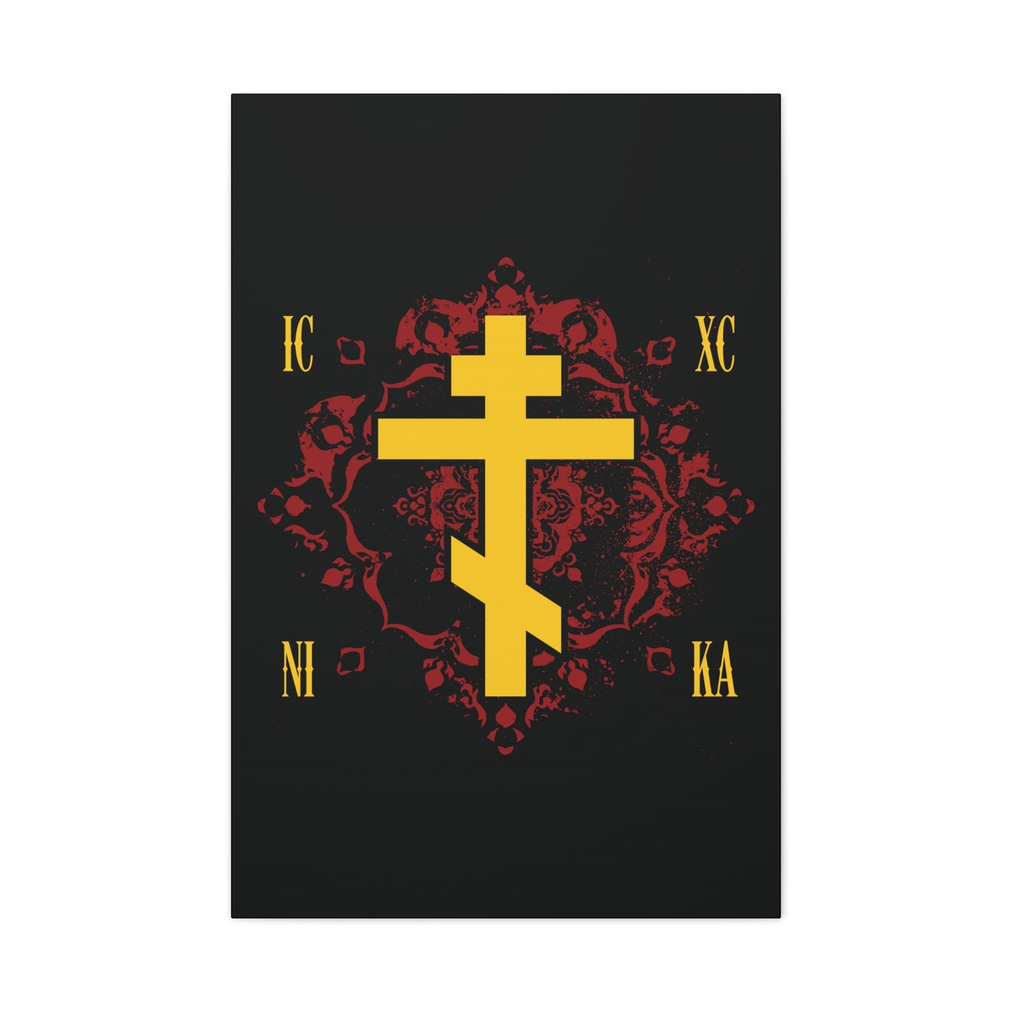 The "ICXC NIKA Yellow Russian Cross on Ornate Red Background" canvas art features a gold Orthodox cross with Greek letters, symbolizing Christ’s victory, on a striking black background.
