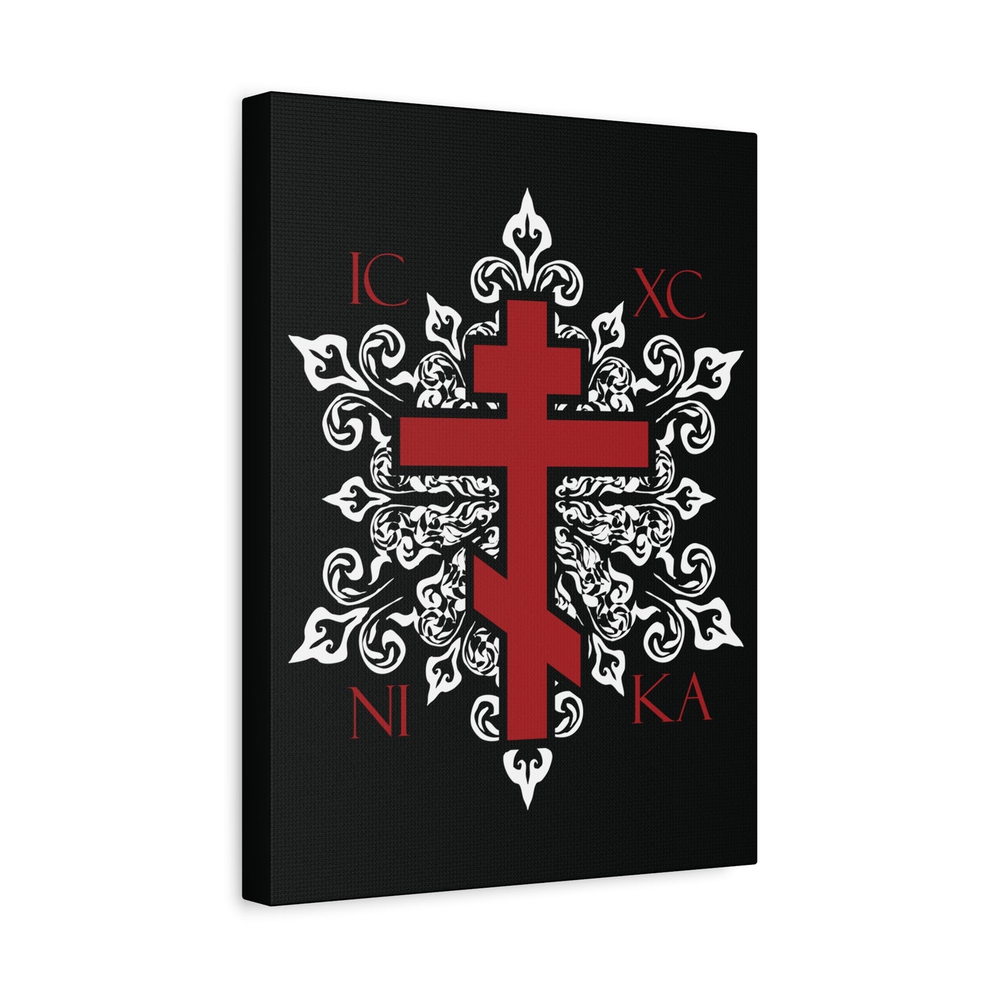 ICXC / NIKA Red Orthodox Cross on Ornate White Medieval Floral Design | Exclusive Best-Selling | Orthodox Christian Canvas Art
