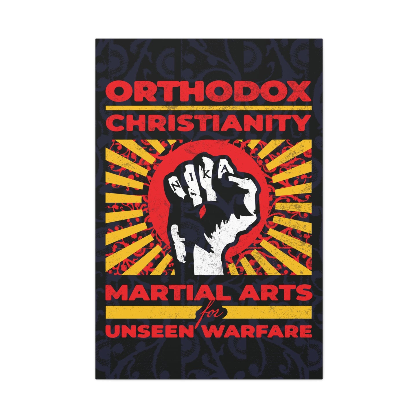 Orthodox Christianity: Martial Arts for Unseen Warfare | NIKA Jesus Fist on Colorful Sunburst Design | Orthodox Christian Canvas Art