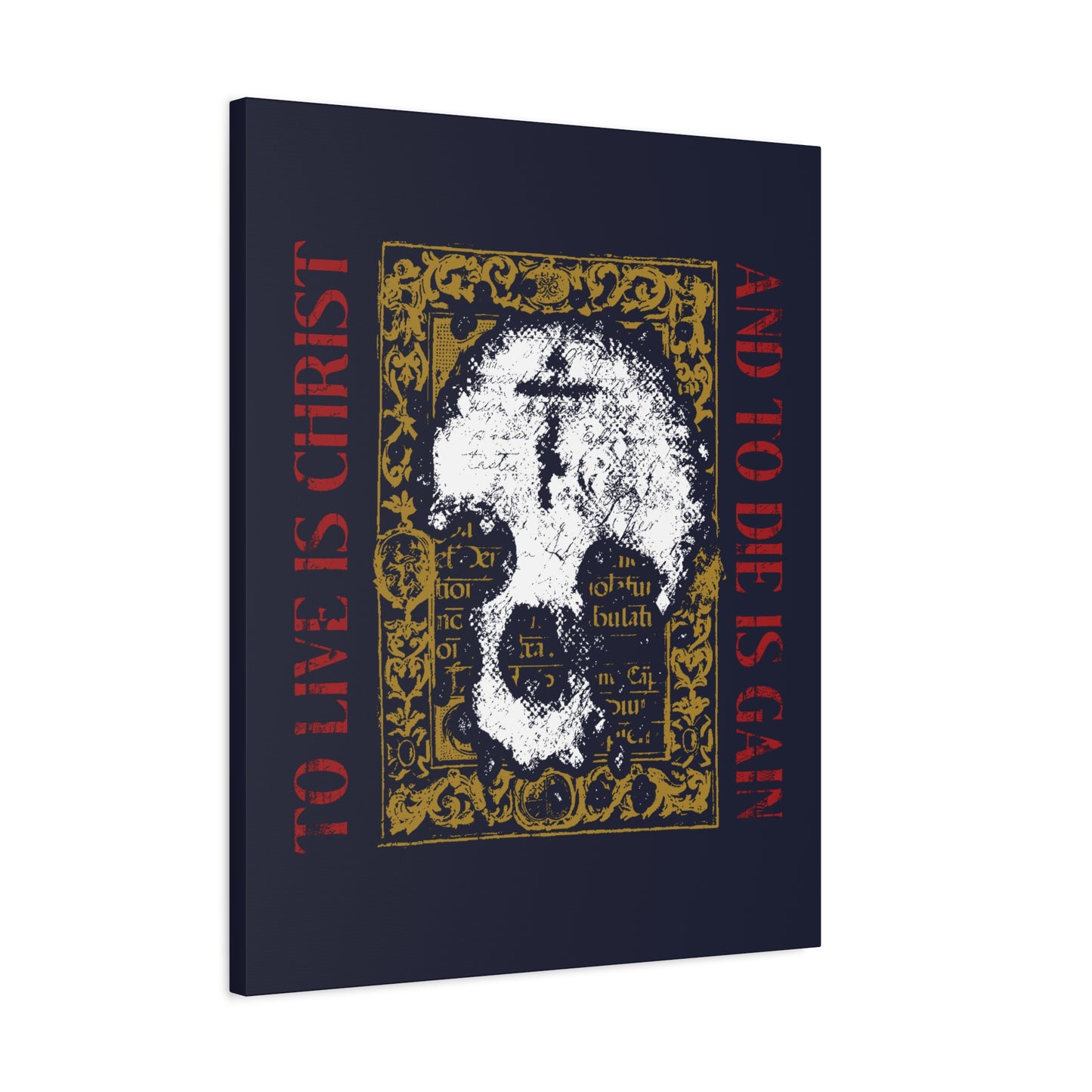 To Live is Christ, to Die is Gain (Philippians 1:21) | Skull with Cross on Gold Manuscript Texture | Orthodox Christian Canvas Art