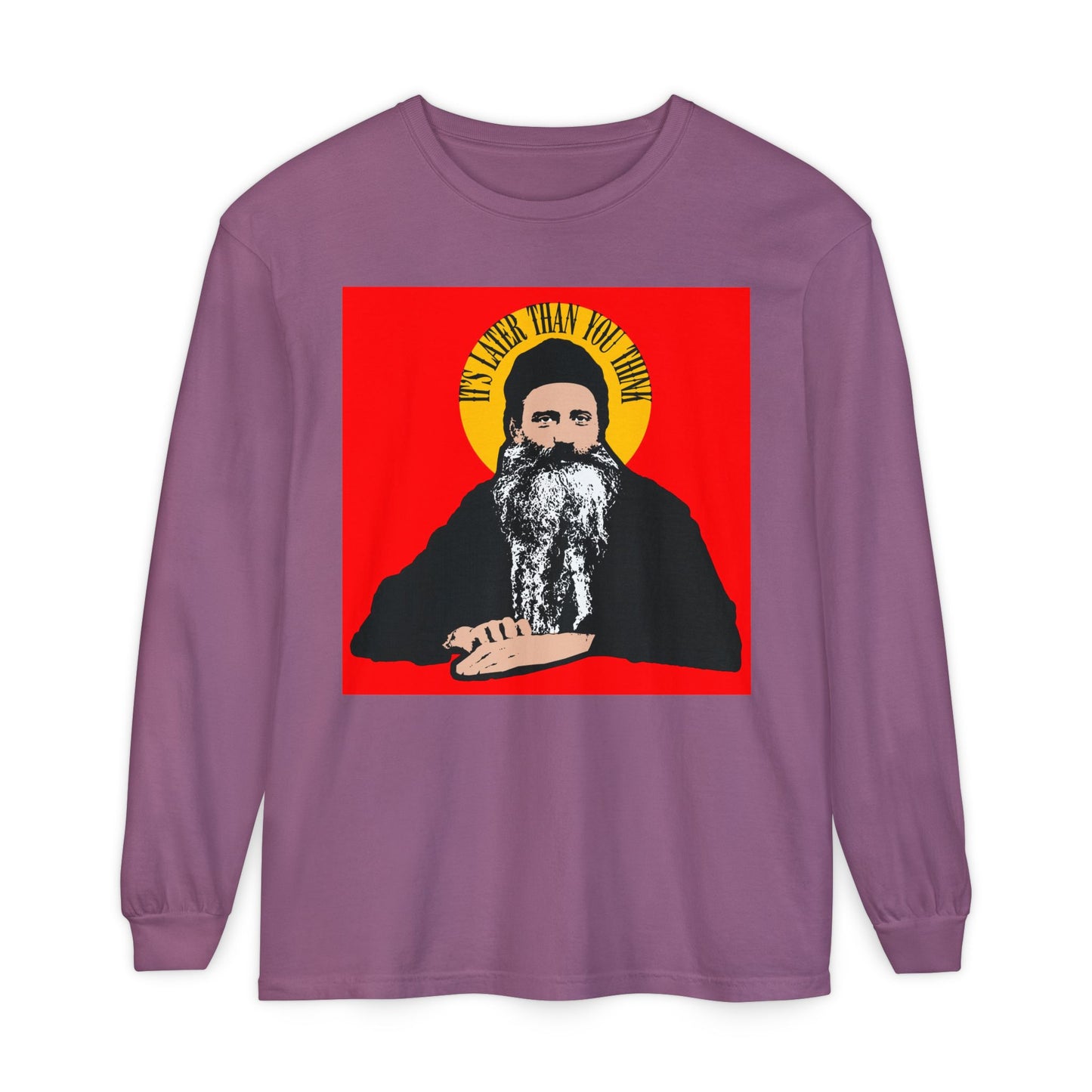 Berry long sleeve shirt featuring "It's Later Than You Think"—Fr. Seraphim Rose’s quote in a yellow halo, honoring the modern American Orthodox Christian saint.