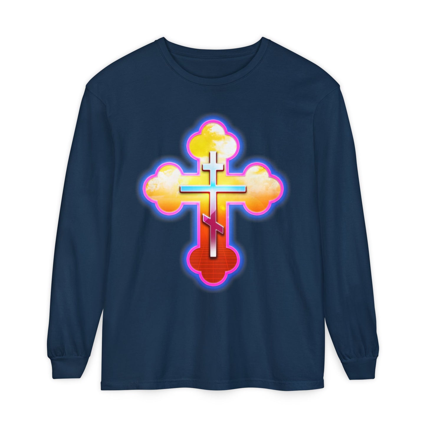 80s Synthwave Retrowave Outrun Aesthetic | Glowing & Reflective Gold & Red Three-Bar Cross | Orthodox Christian Cotton Long Sleeve Shirt