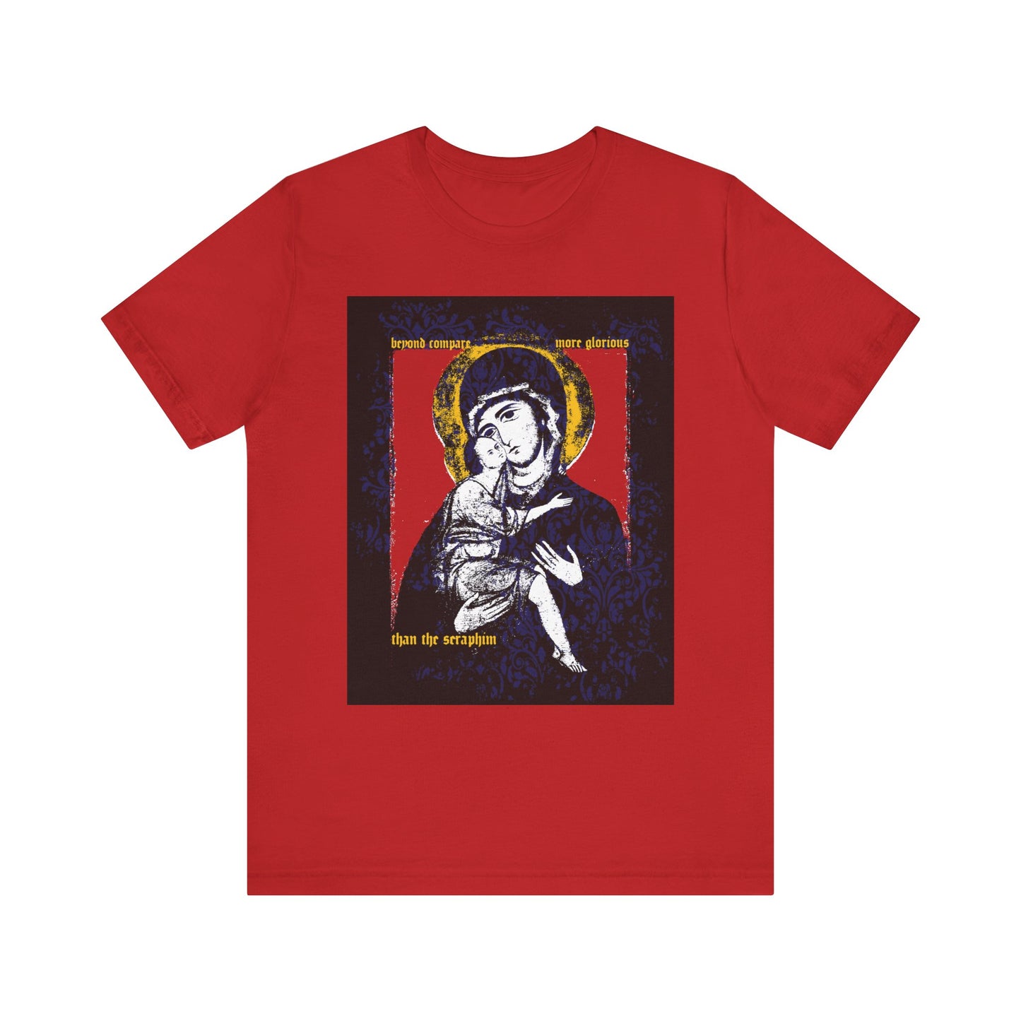 Red “Beyond Compare More Glorious Than the Seraphim” Orthodox lightweight cotton t-shirt featuring a Vladimir Theotokos iconographic image with floral texture.