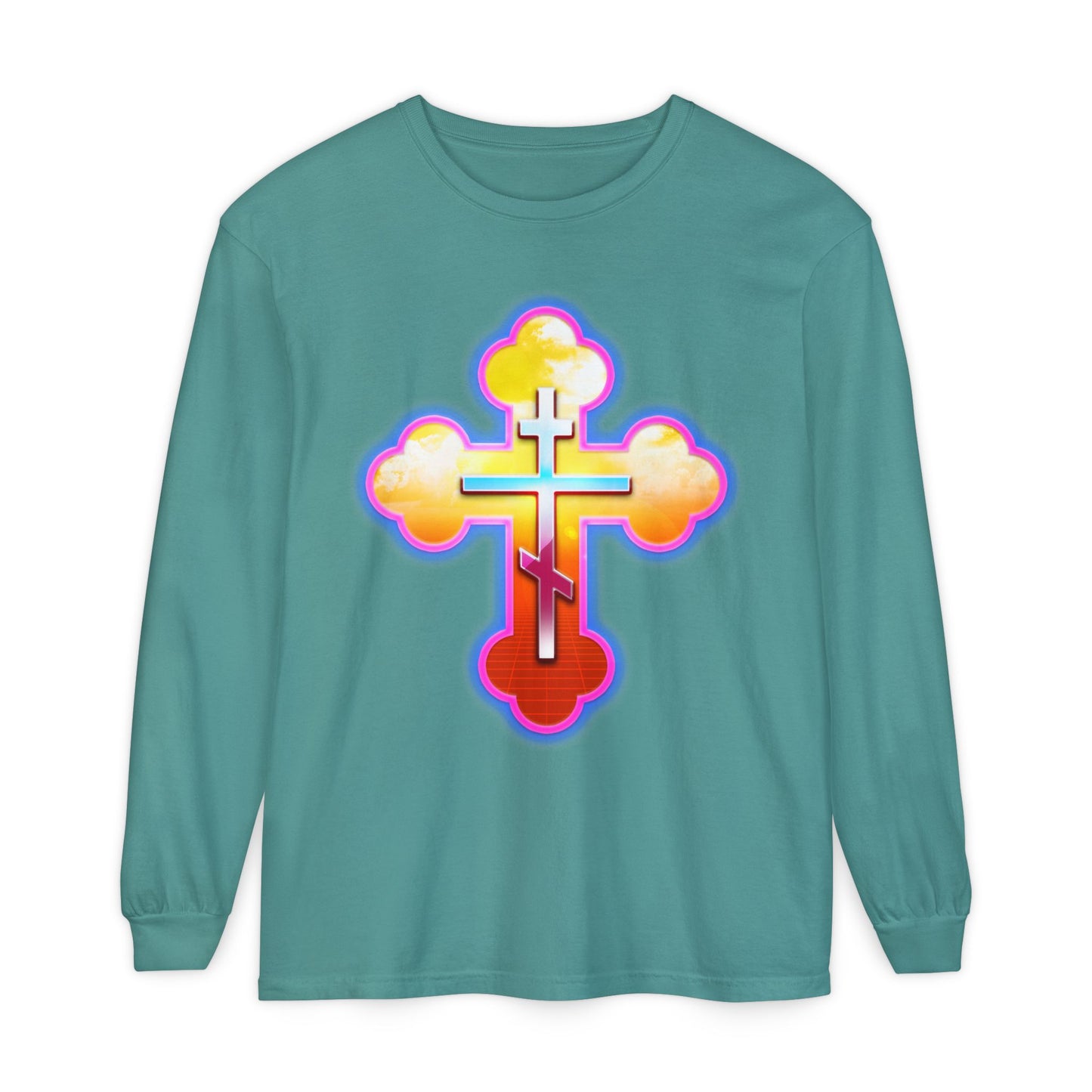 80s Synthwave Retrowave Outrun Aesthetic | Glowing & Reflective Gold & Red Three-Bar Cross | Orthodox Christian Cotton Long Sleeve Shirt