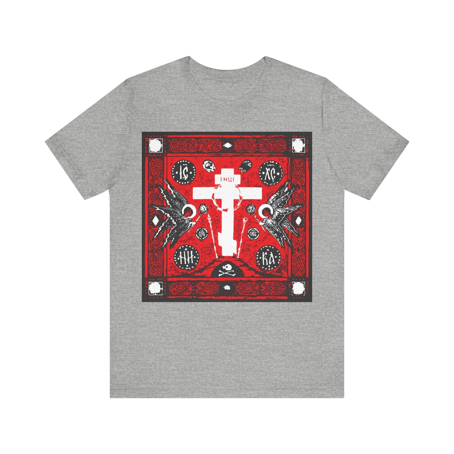 Adoration of Holy Cross IconoGraphic | Striking Red, White, & Black Russian Cross Design w/ Angels | Orthodox Christian T-Shirt