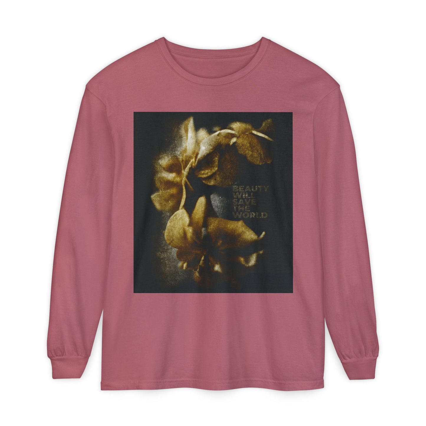 Crimson long-sleeve shirt featuring photographic artwork and "Beauty Will Save the World" text—celebrating Dostoevsky and Christ, Universal Creator & King. Ideal for fans of unique Christian design.