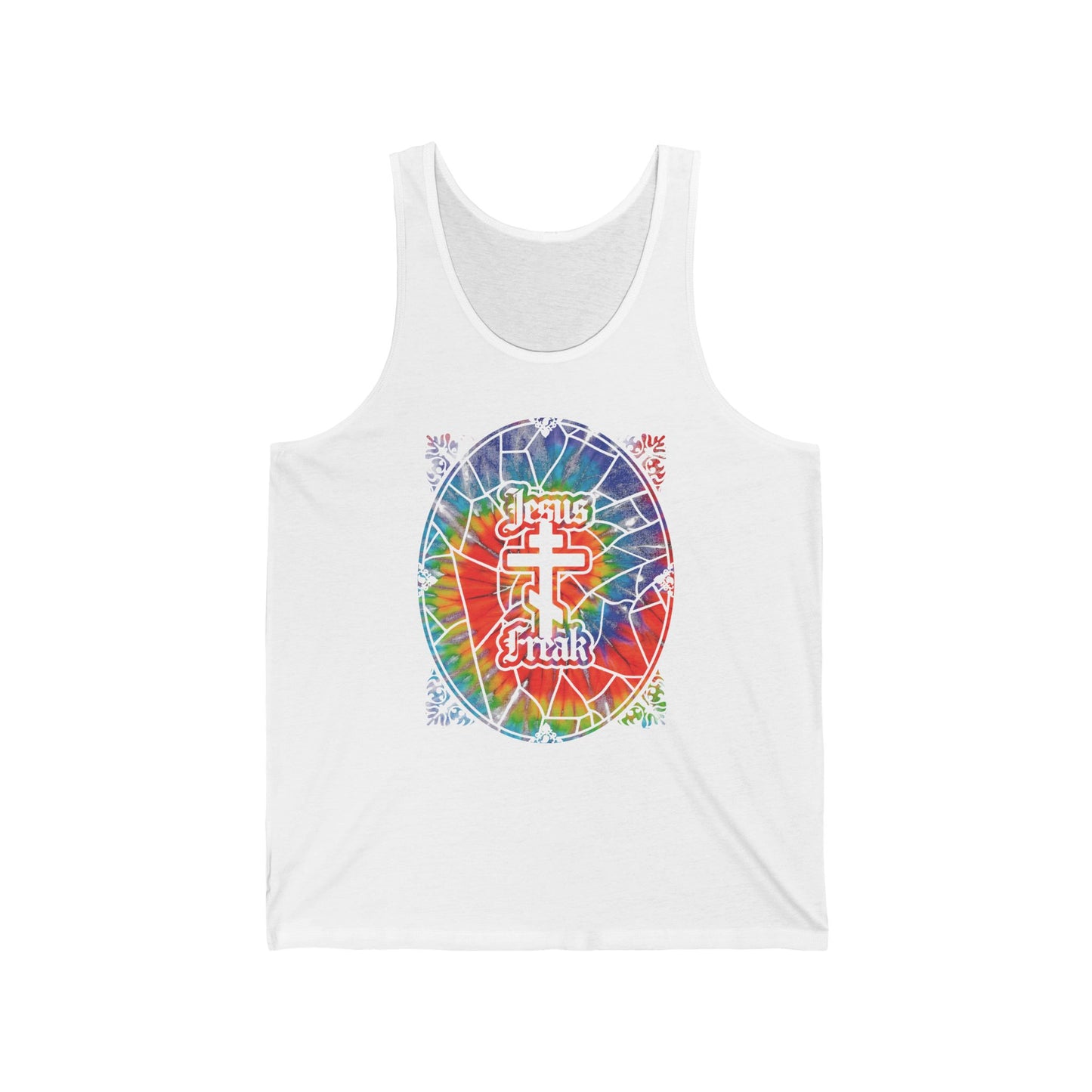 White tank top featuring a tie-dyed stained glass window design with an Orthodox cross and "Jesus Freak" text—a vibrant homage to the 70s Jesus Movement hippie spirit.