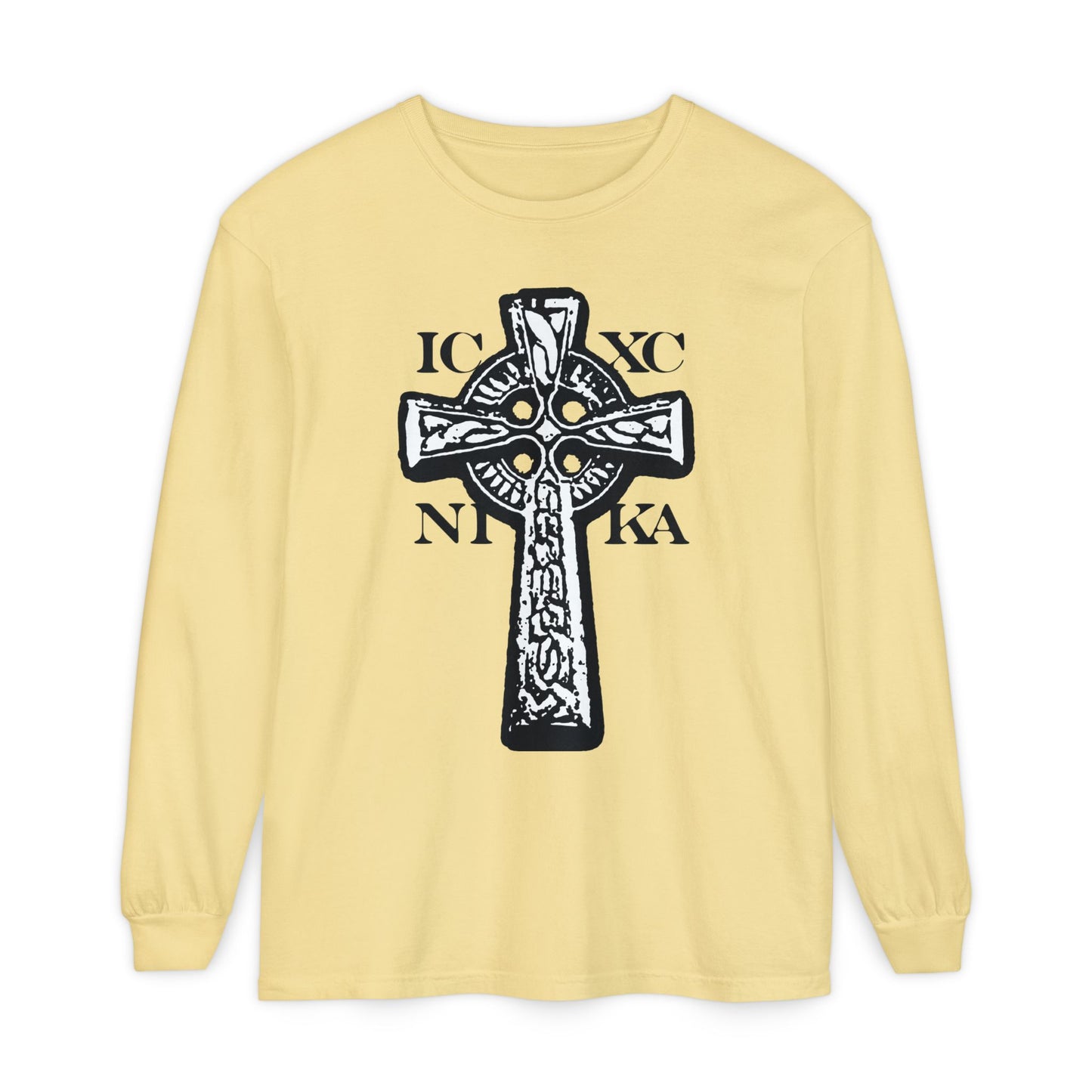 Butter long-sleeve shirt featuring a black and white ICXC NIKA Celtic Knotwork Cross on a red background, symbolizing "Jesus Christ Conquers" in Orthodox tradition.