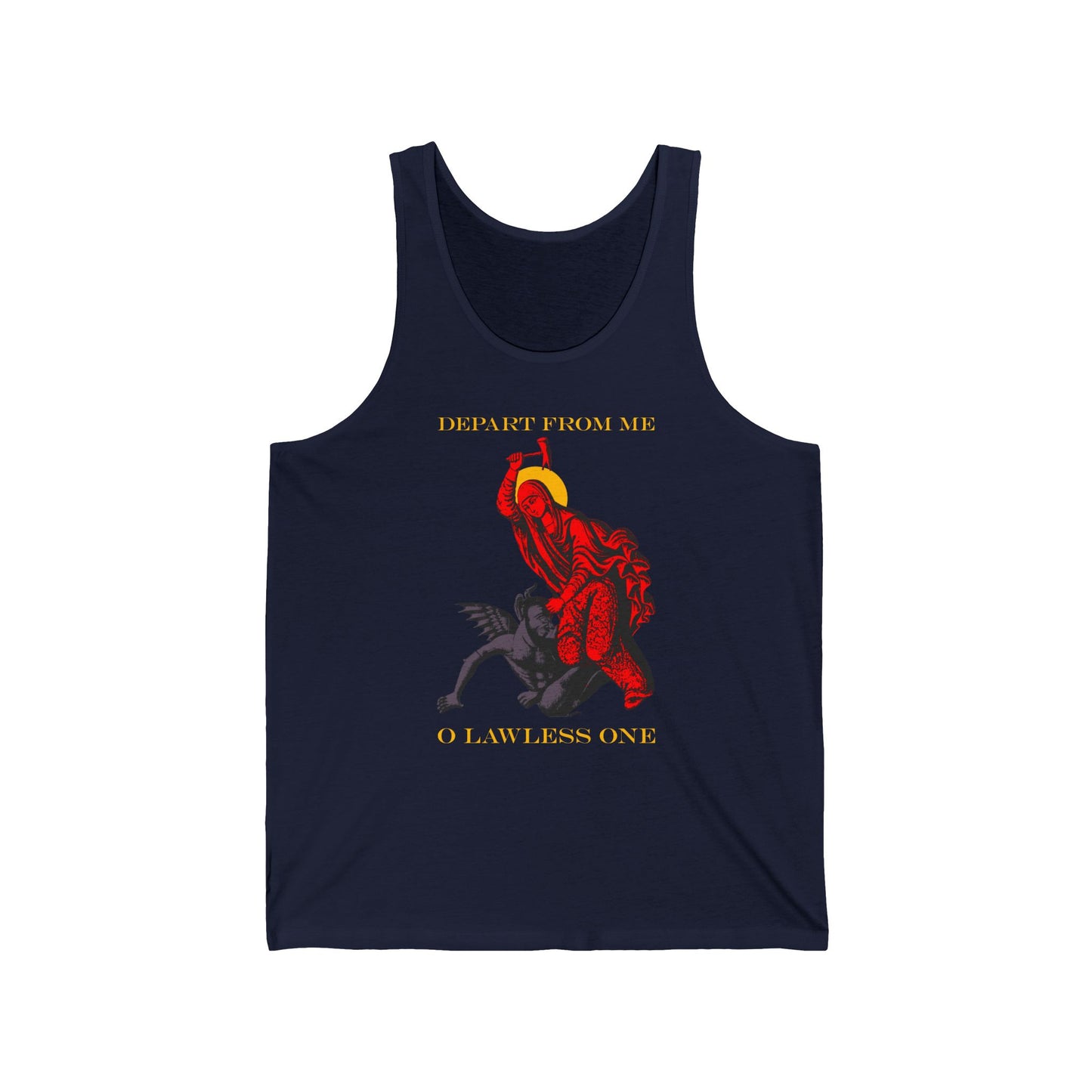 St Marina IconoGraphic (Depart from Me O Lawless One) | Saint Beating the Devil with a Hammer | Bestselling Orthodox Christian Jersey Tank Top / Sleeveless Shirt