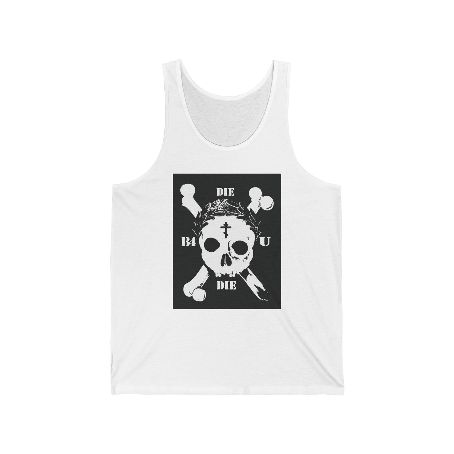 White "Die Before You Die" tank top featuring a retro skull & crossbones, Orthodox Cross, laurel wreath, and "Memento Mori"—an ascetic Christian reminder inspired by Matthew 16:24-25.