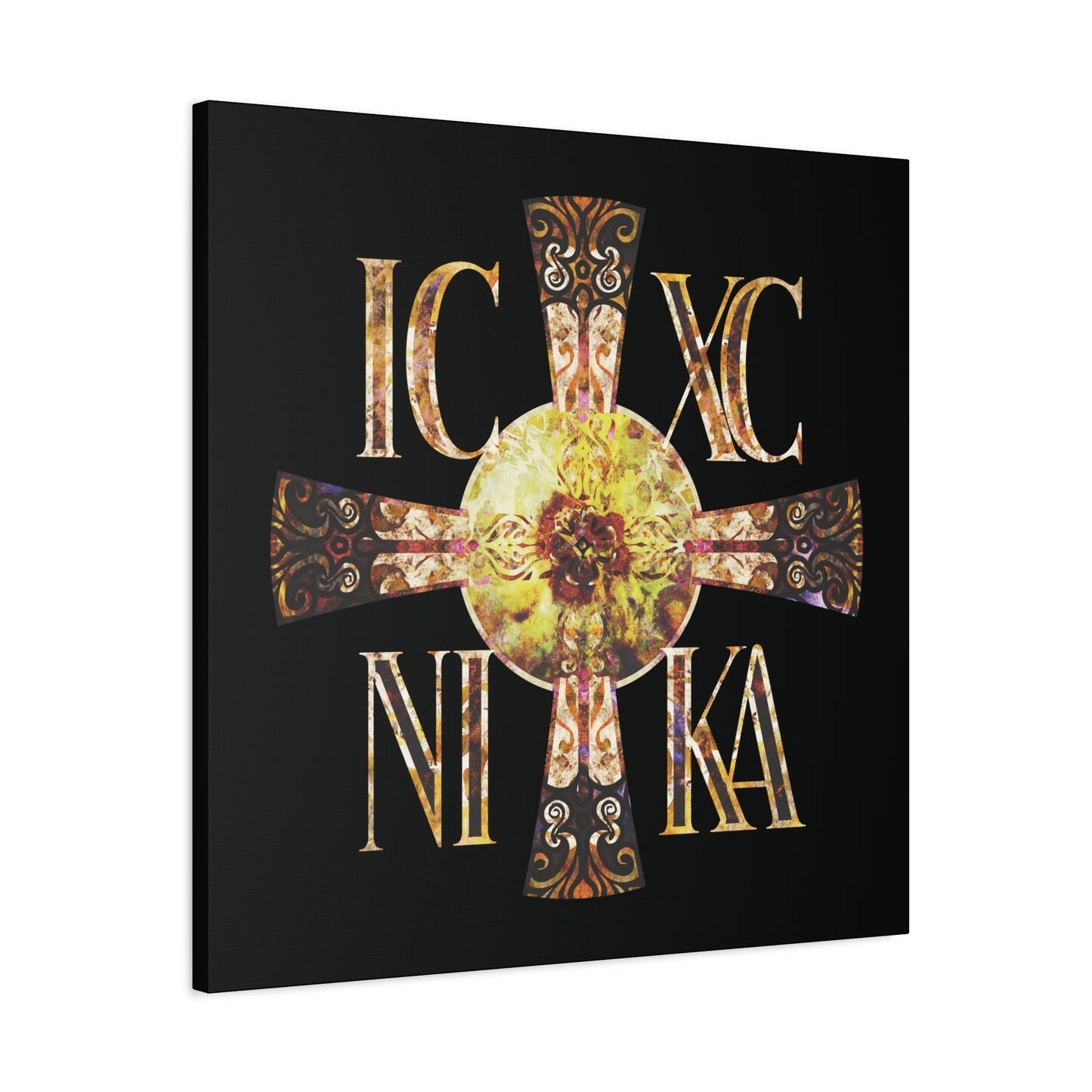 ICXC NIKA Celtic Style Equal Armed Cross | Bright Solar Texture | Orthodox Christian Canvas Art