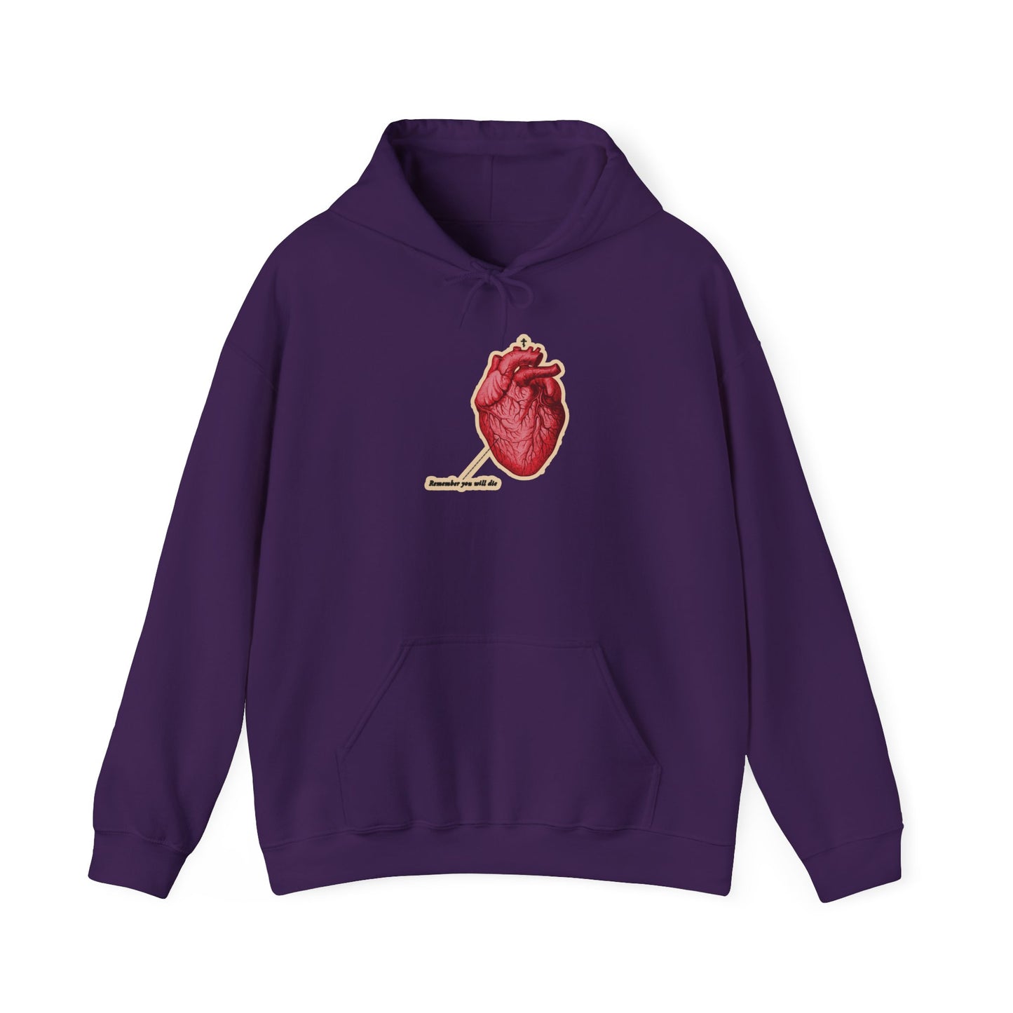 Purple “Remember You Will Die” hoodie with a retro medical heart graphic, Orthodox cross, and Memento Mori-themed text: “It’s Later Than You Think.” Christian design in purple.