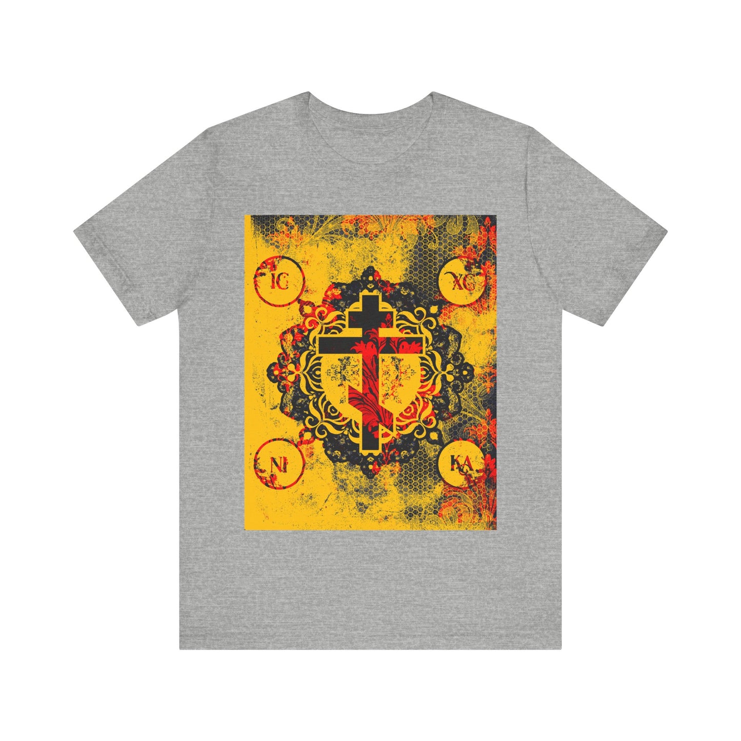 The IC XC NIKA Orthodox Cross T-shirt in Athletic Heather features a modern and medieval yellow and red floral cross design with four circular symbols, inspired by Orthodox Christian tradition.