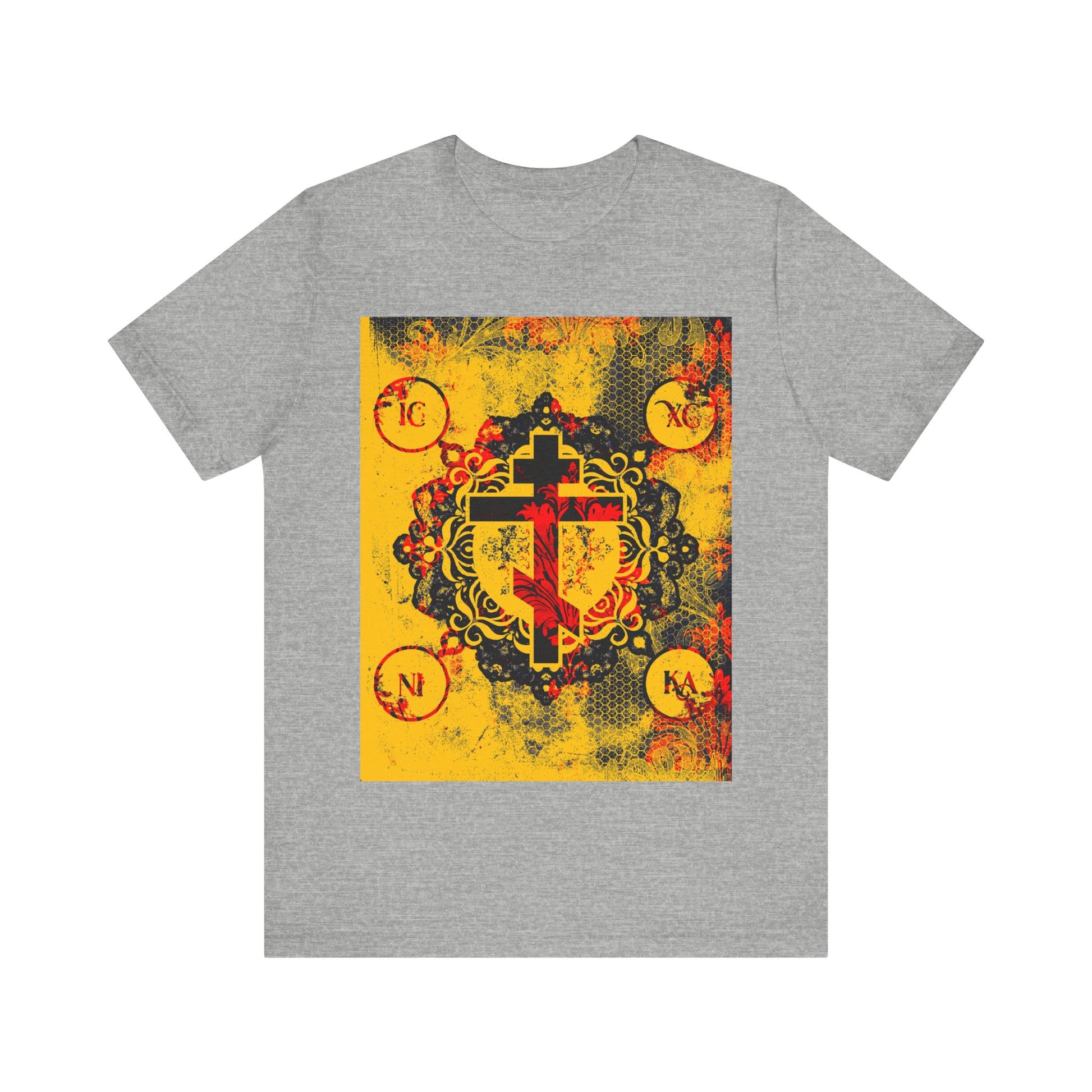 The IC XC NIKA Orthodox Cross T-shirt in Athletic Heather features a modern and medieval yellow and red floral cross design with four circular symbols, inspired by Orthodox Christian tradition.