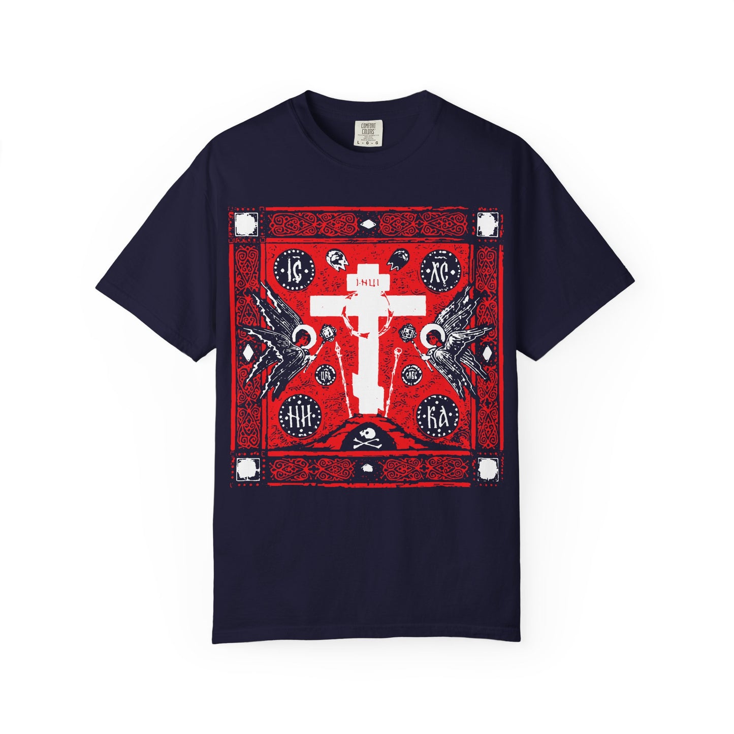 The Adoration of Holy Cross IconoGraphic T-shirt features a striking red, white, and black Russian cross design with angels on heavyweight cotton in true navy.