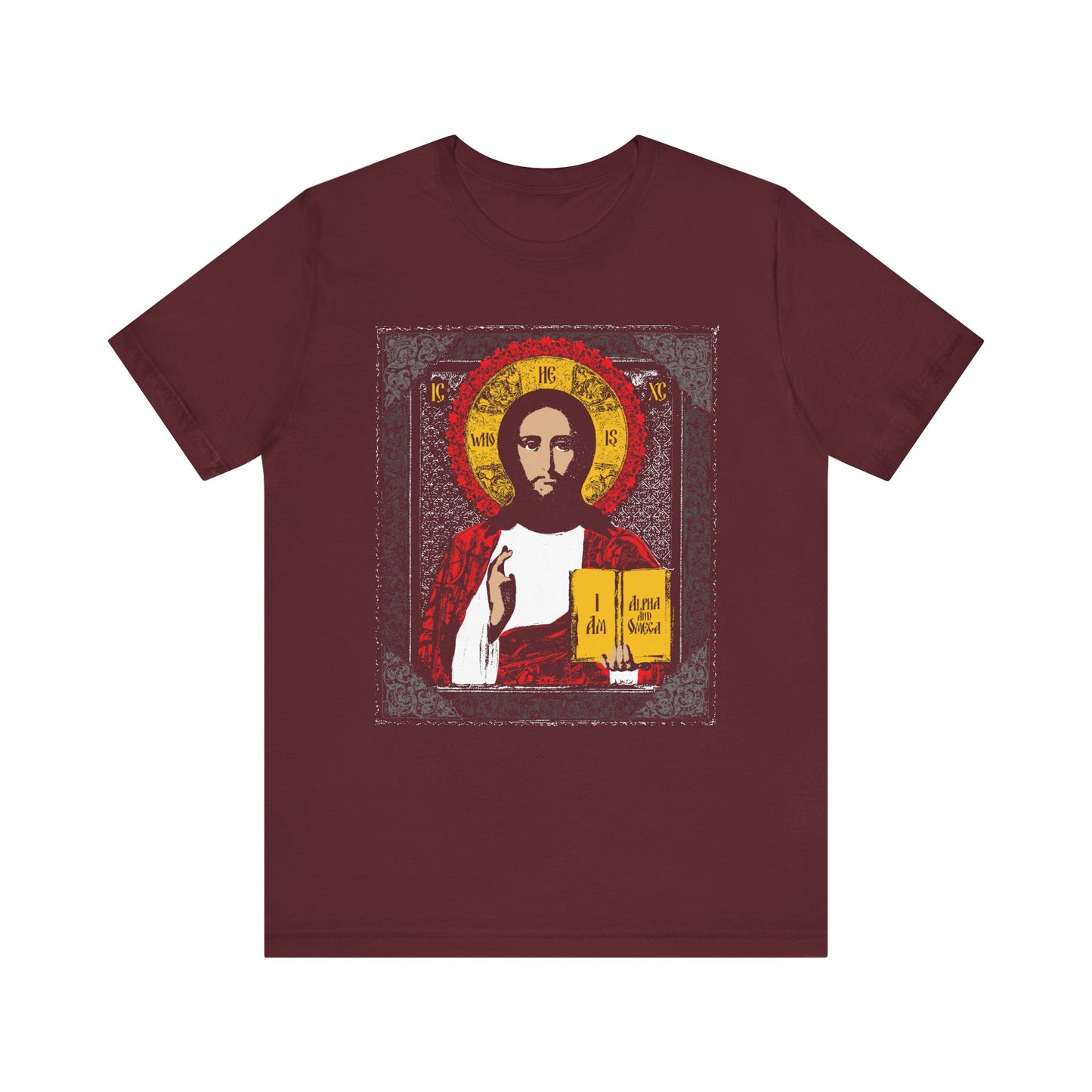 Maroon Christ Pantocrator Icono-Graphic unisex tee featuring an ancient-style illustration with "He-Who-Is," "I AM the Alpha and Omega," and a gold halo. Lightweight cotton design.