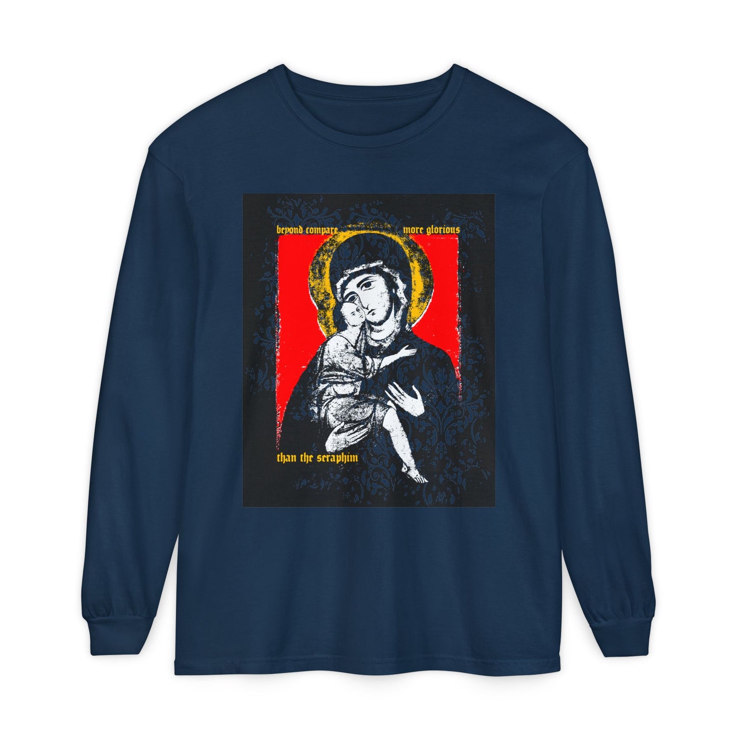 Beyond Compare More Glorious Than the Seraphim | Vladimir Theotokos Iconographic | Orthodox Christian Long Sleeve Shirt