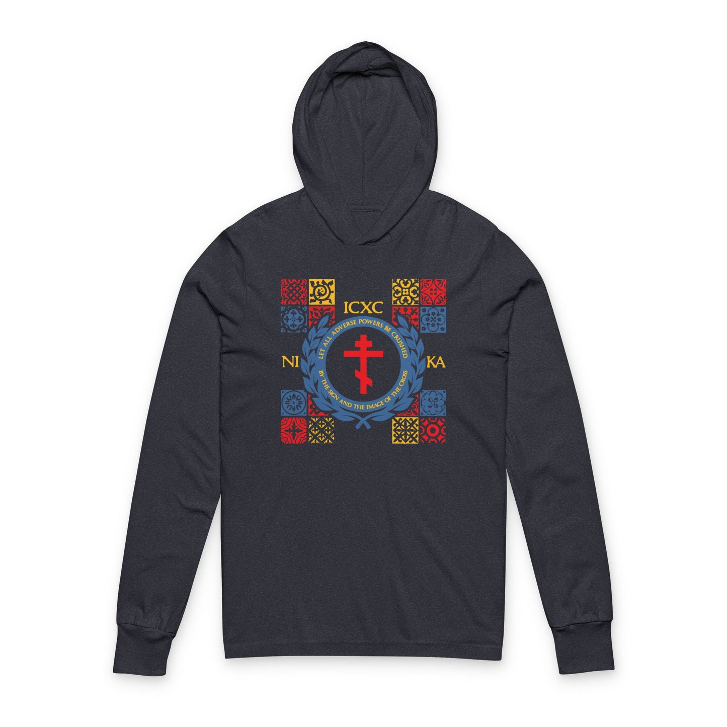 Let All Adverse Powers Be Crushed (Red, Yellow & Blue Design) | ICXC NIKA | Medieval Tile Design | Orthodox Long Sleeve Hooded Shirt