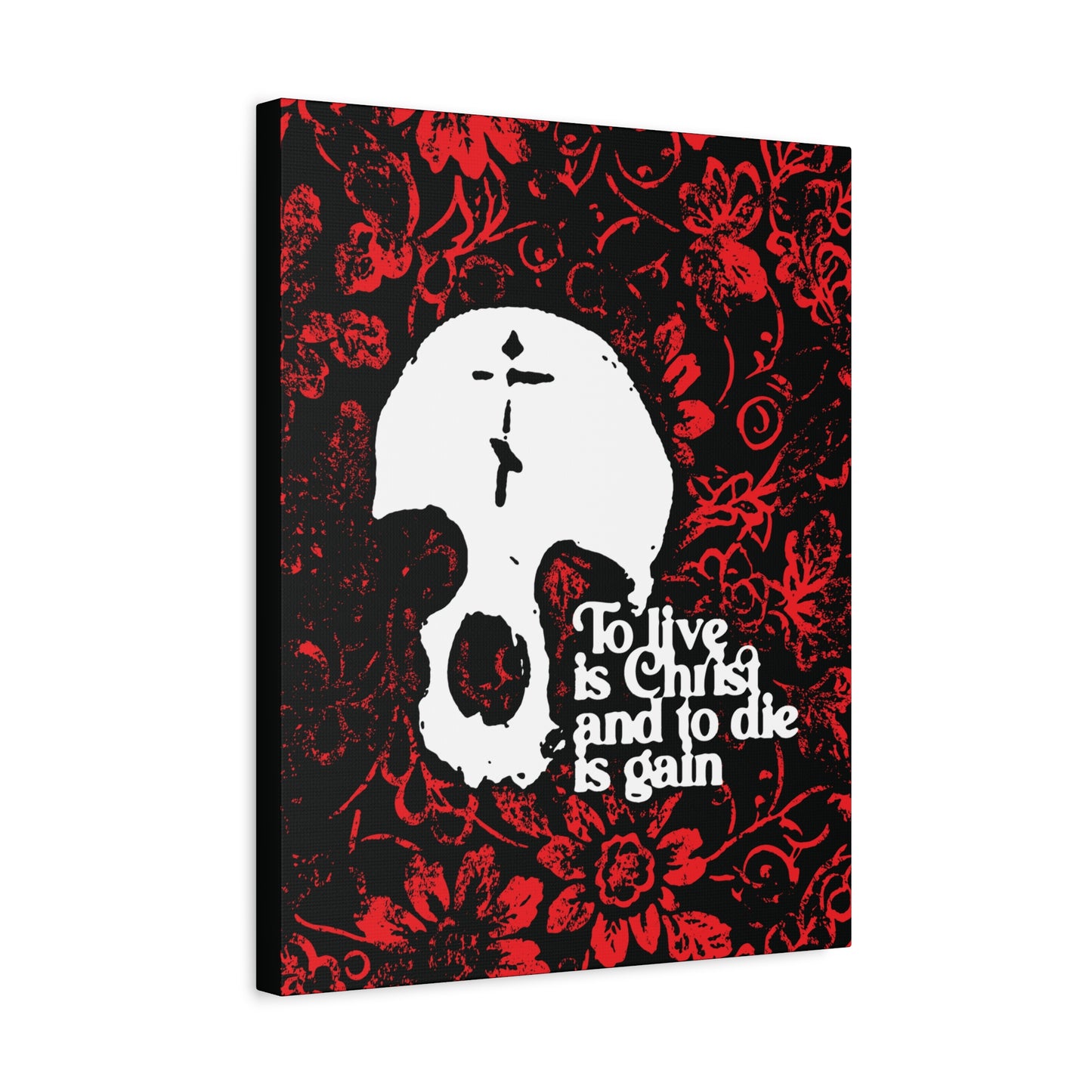To Live is Christ To Die is Gain (Phil 1:21) | Skull with Cross on Red Floral Texture | Orthodox Christian Canvas Art