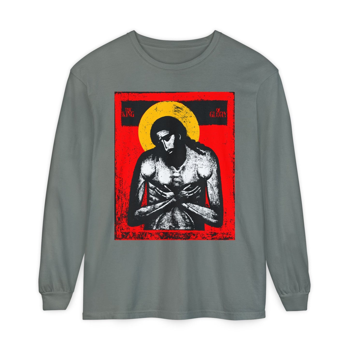 Grey long sleeve shirt featuring "The King of Glory Jesus Christ 'Extreme Humility' IconoGraphic" in red, yellow, white, and black—a Christian devotional design inspired by Philippians 2.