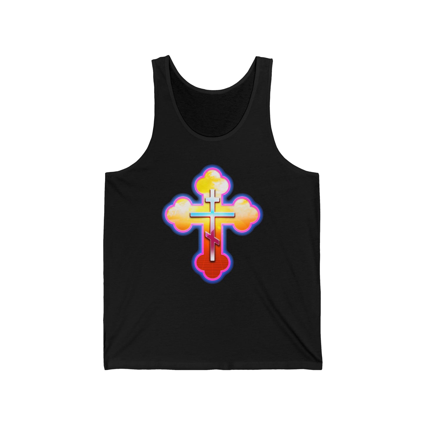 80s Synthwave Retrowave Outrun Aesthetic | Glowing & Reflective Gold & Red Three-Bar Cross | Orthodox Christian Jersey Tank Top / Sleeveless Shirt