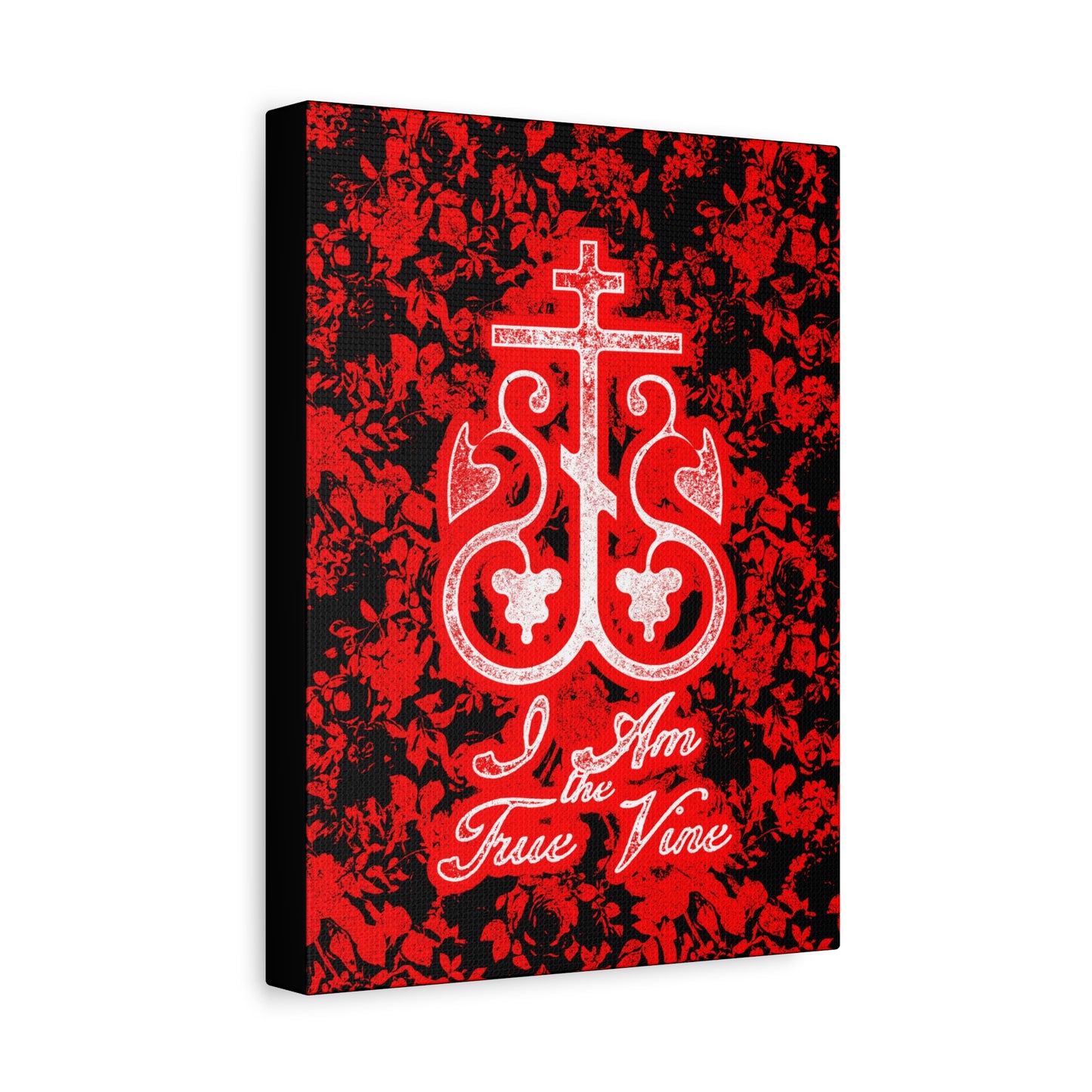 I Am the True Vine (John 15:1) | Orthodox Cross Vine Monogram | Red and Black Floral Design | Orthodox Christian Canvas Art