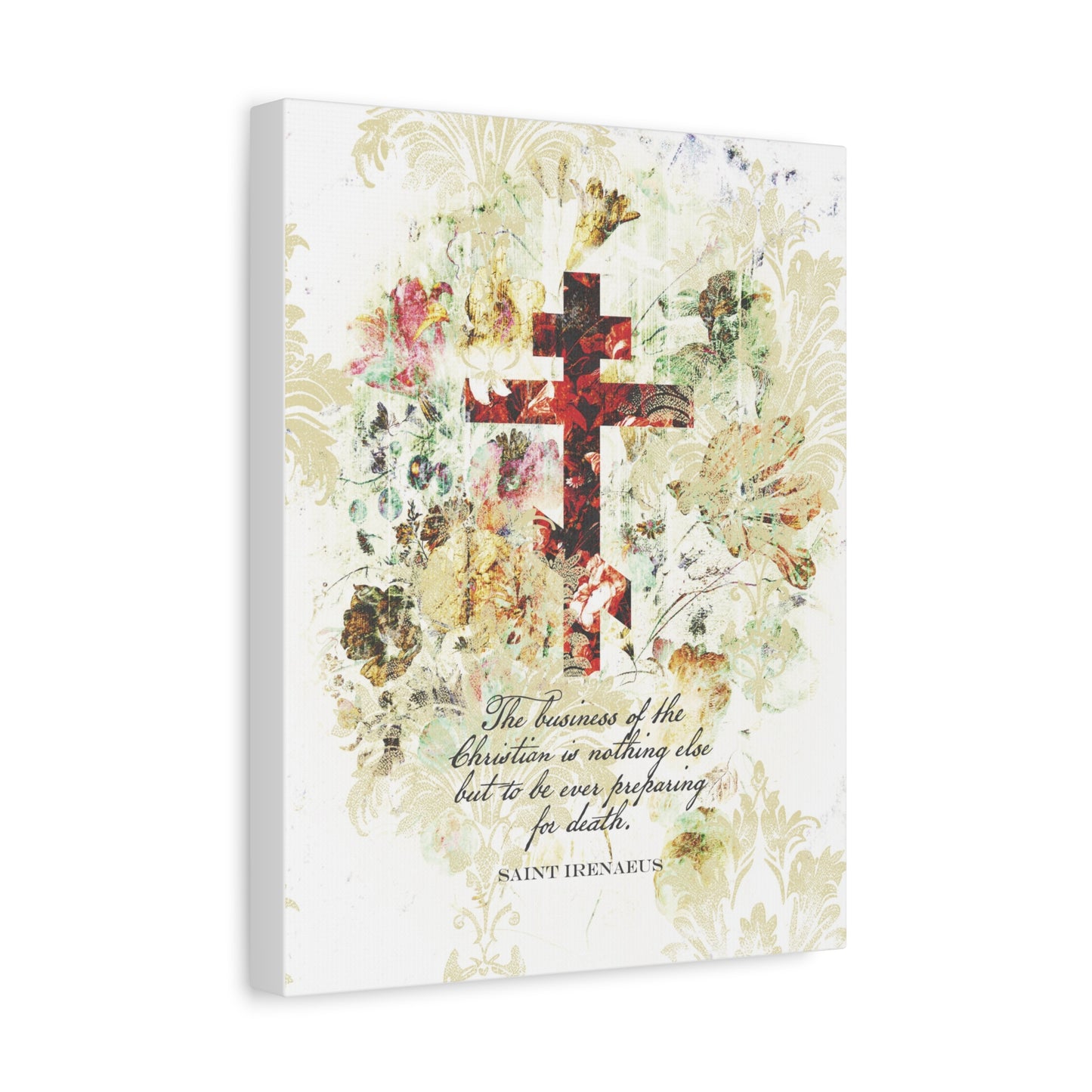 Preparing For Death | White & Beige Floral Scrapbook Texture Cross | Arts & Crafts Style | St Irenaeus | Orthodox Christian Canvas Art