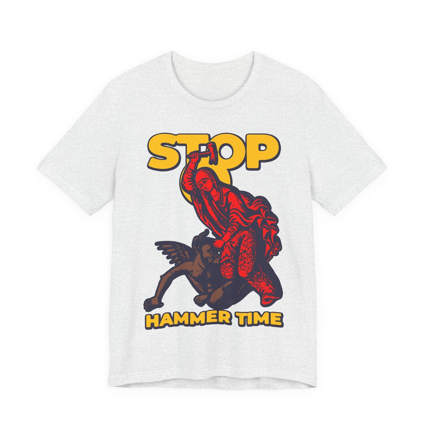 White tee featuring St Marina of Antioch beating the devil with a hammer, plus "STOP, HAMMER TIME" in yellow—a modern Orthodox meme in red, blue, and yellow for Christian unisex style.