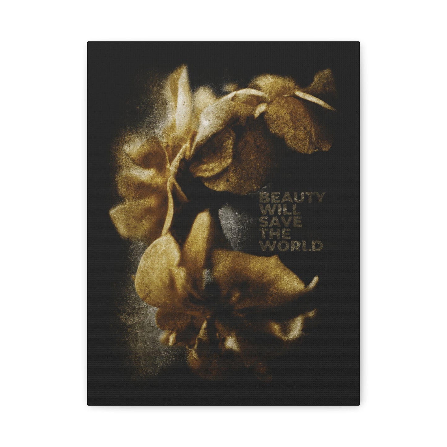 Golden flowers encircle the phrase "Beauty will save the world" on this original photographic artwork. This Christian wall art honors Jesus Christ, Universal Creator & King, and celebrates all that is good and beautiful.