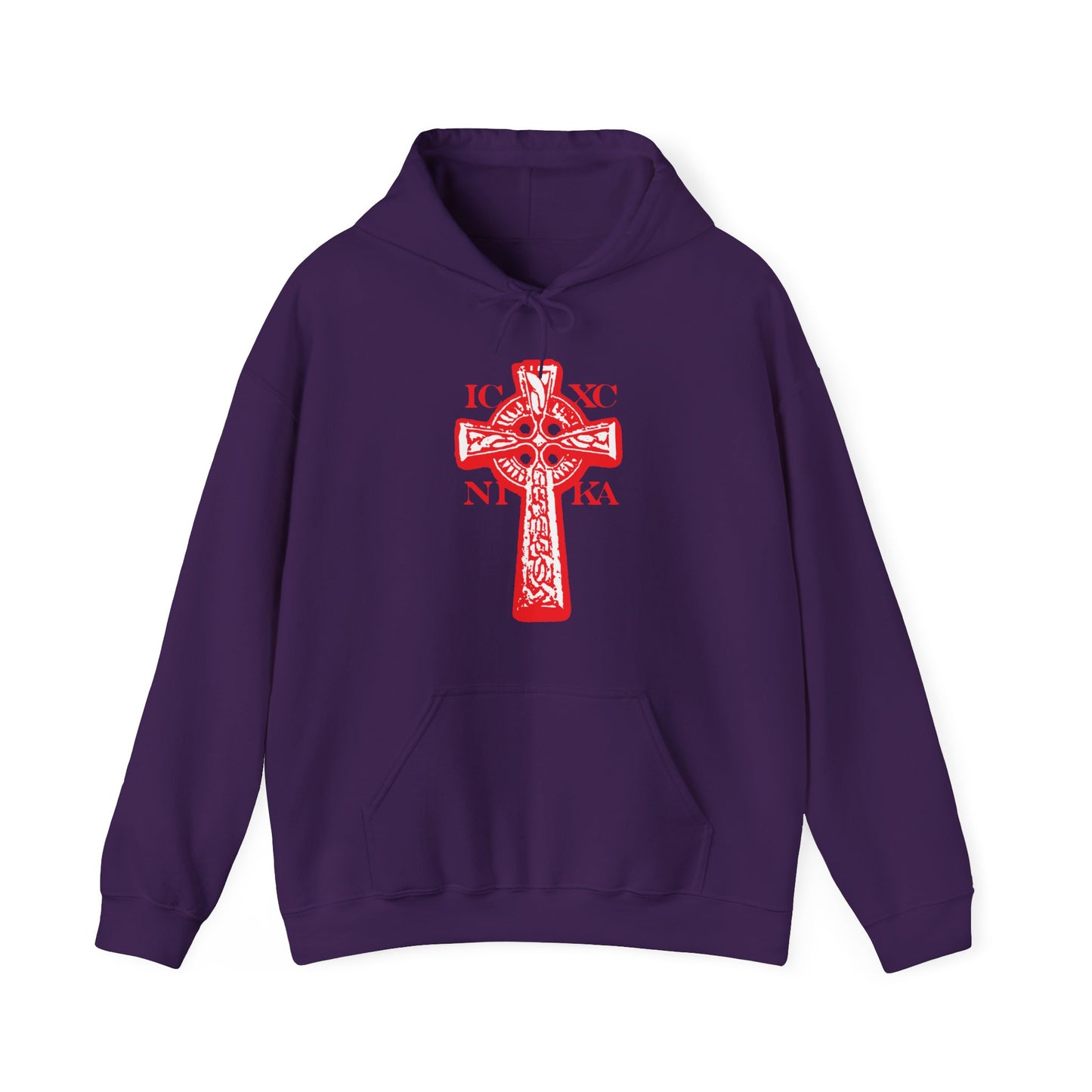 Purple ICXC NIKA Celtic Knotwork Cross hoodie featuring a bold black and white cross on a red background with "Jesus Christ Conquers" in Orthodox Christian tradition.