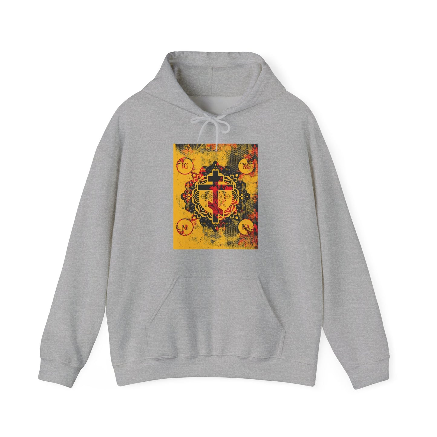 IC XC NIKA Orthodox Cross | Yellow & Red Modern & Medieval Textured Floral Design | Orthodox Christian Hoodie