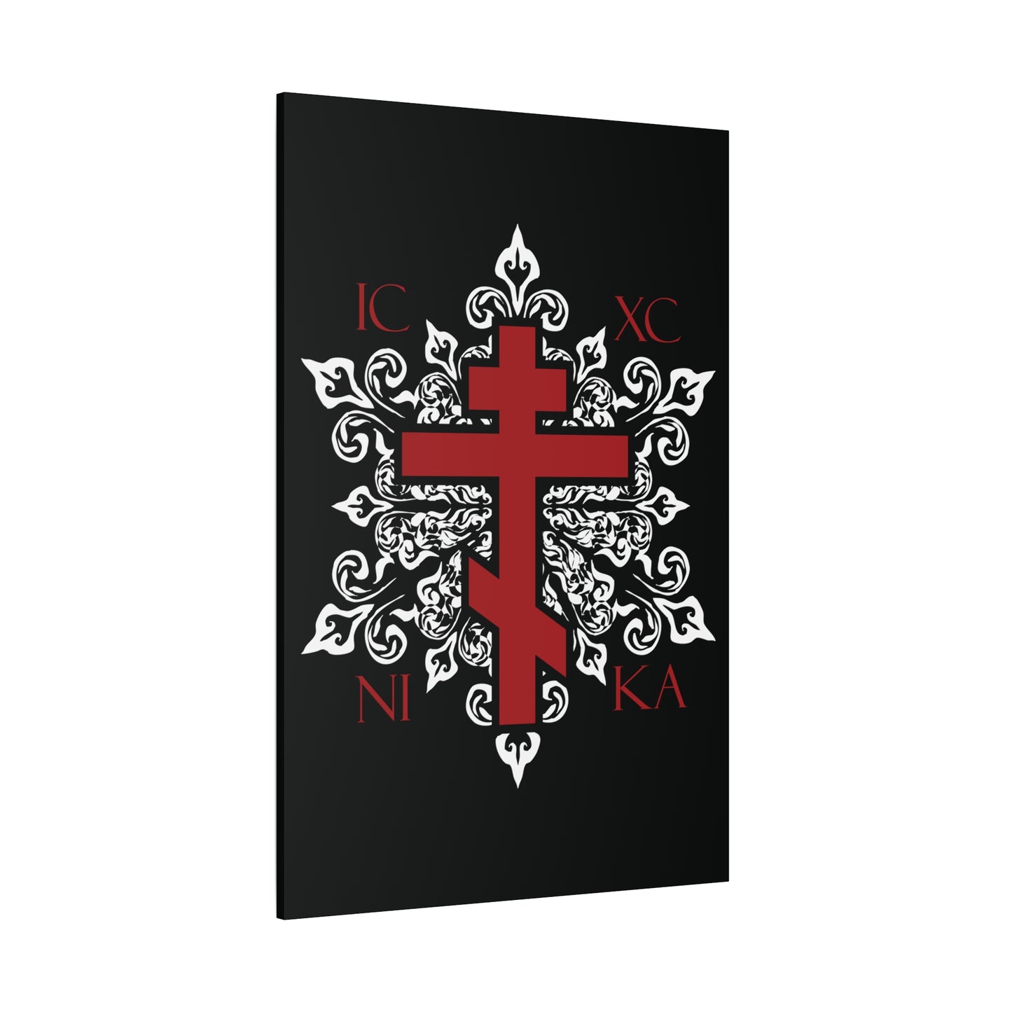 ICXC / NIKA Red Orthodox Cross on Ornate White Medieval Floral Design | Exclusive Best-Selling | Orthodox Christian Canvas Art