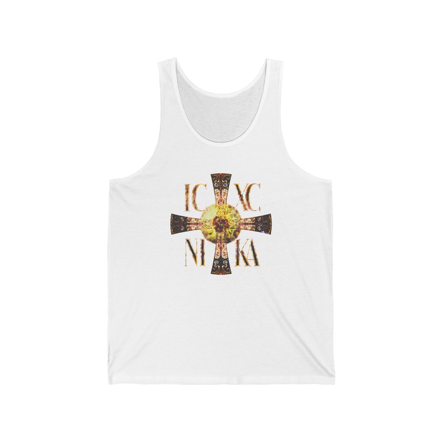ICXC NIKA Celtic Style Equal Armed Cross | Bright Solar Texture | Orthodox Christian Jersey Tank Top