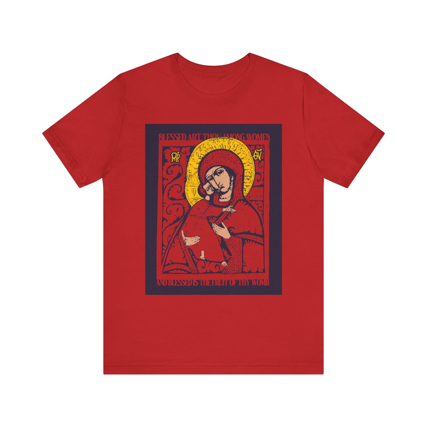 Red Vladimir Theotokos IconoGraphic unisex t-shirt featuring a medieval-inspired depiction of the haloed Virgin holding a book, with "Blessed Art Thou Among Women" Orthodox Christian text above and below the image, evoking the spiritual motifs of the iconic Vladimirskaya.