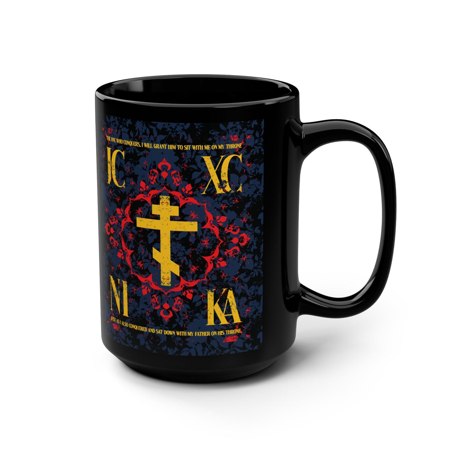 IC XC NIKA Orthodox Cross | Medieval Floral Design | The One Who Conquers (Revelation 3:21) | Orthodox Christian Black Mug