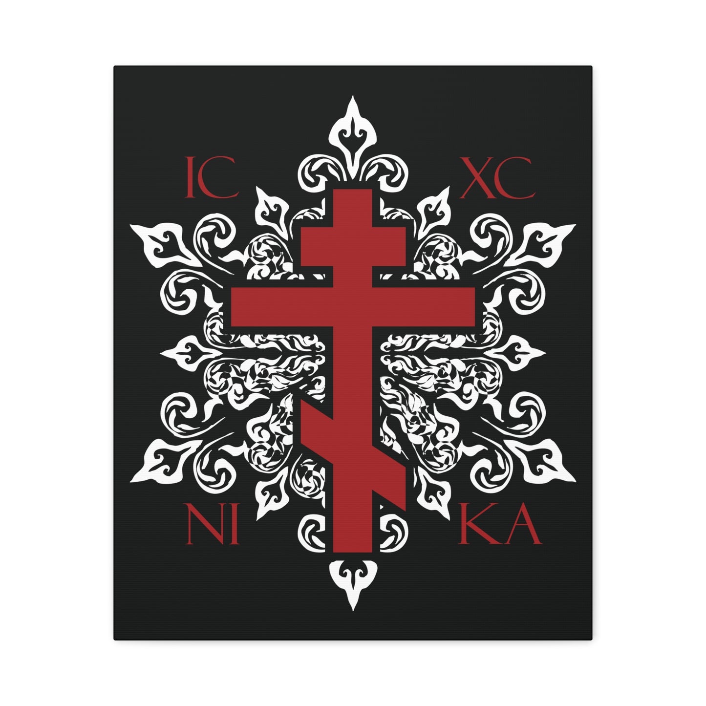ICXC / NIKA Red Orthodox Cross on Ornate White Medieval Floral Design | Exclusive Best-Selling | Orthodox Christian Canvas Art