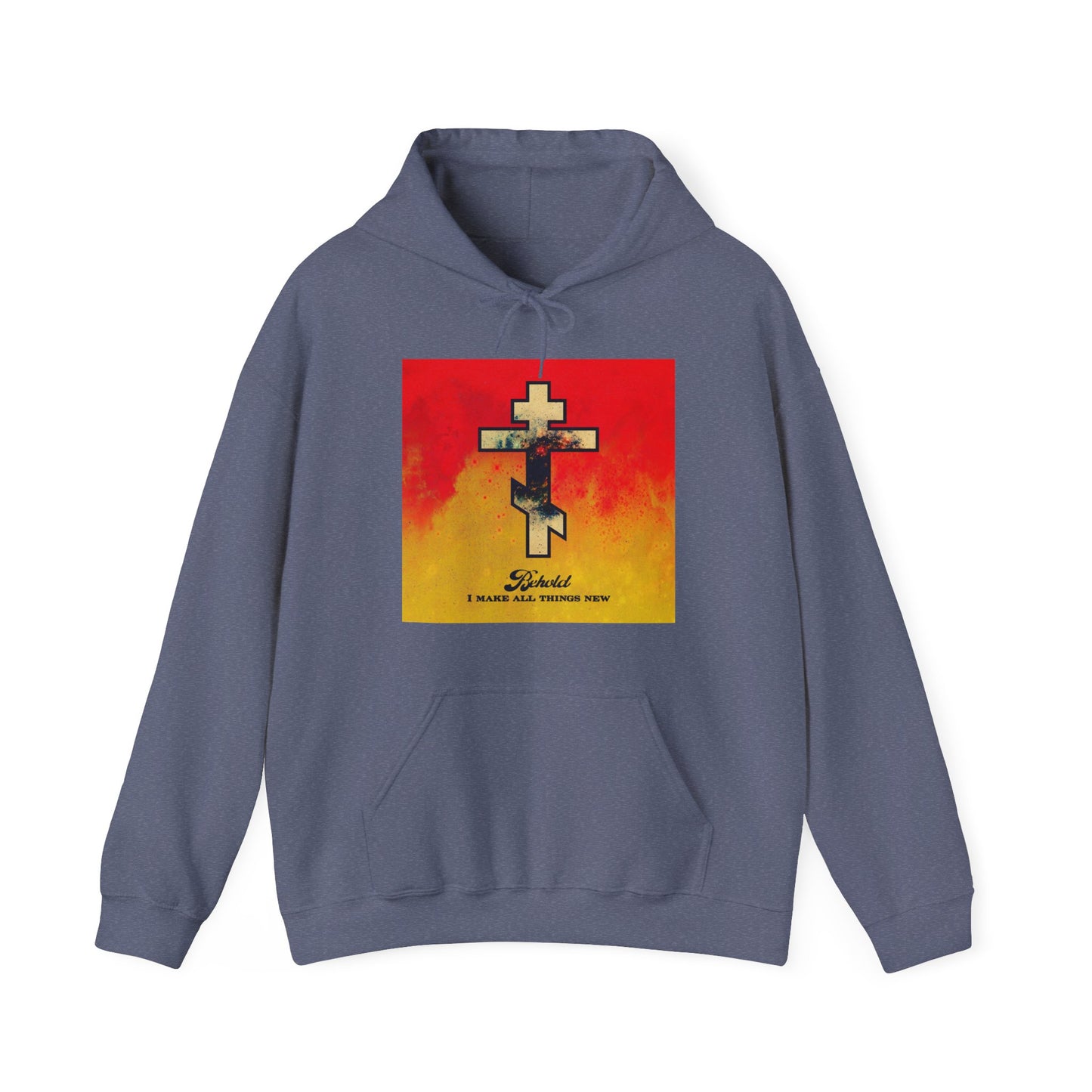 Behold, I Make All Things New (Rev 21:5) | Cosmic Orthodox Cross on Red and Yellow Background | Orthodox Christian Hoodie / Hooded Sweatshirt