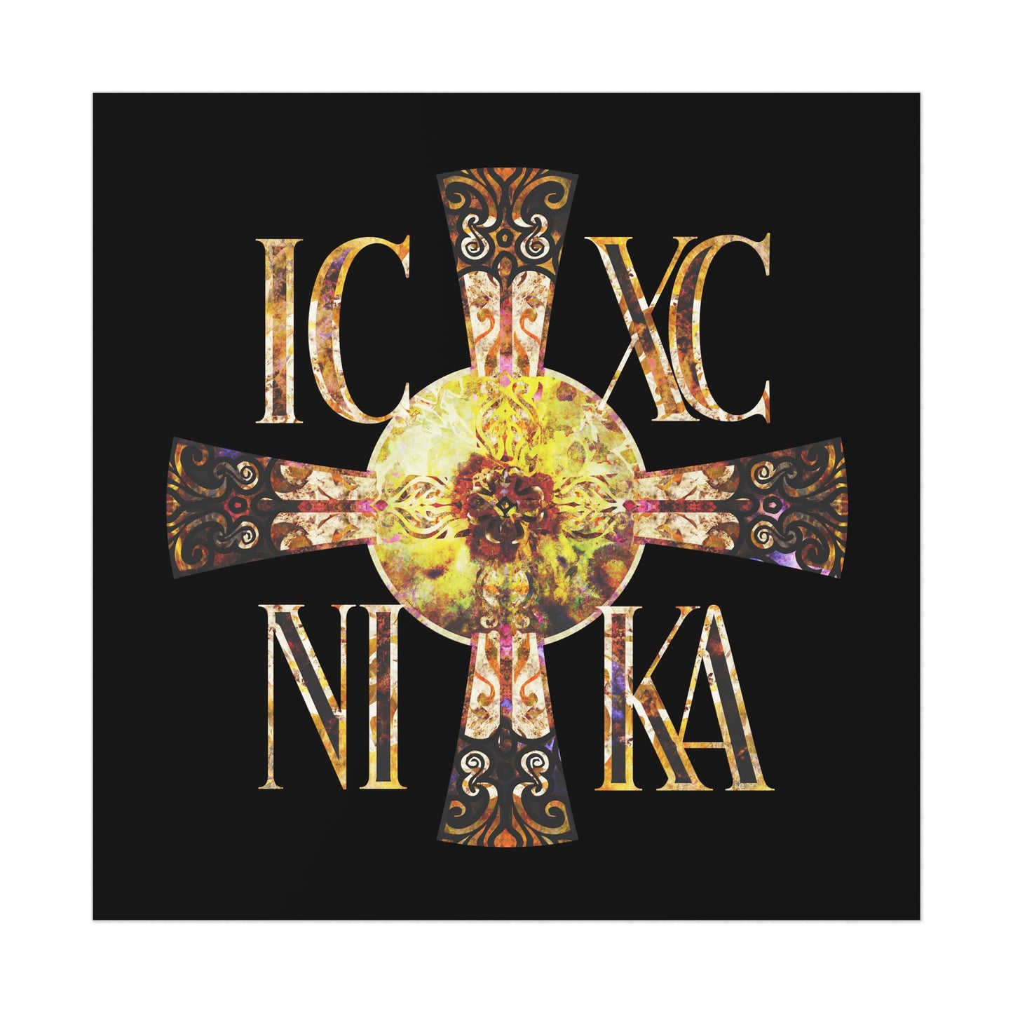 ICXC NIKA Celtic Style Equal Armed Cross | Bright Solar Texture | Orthodox Christian Art Poster