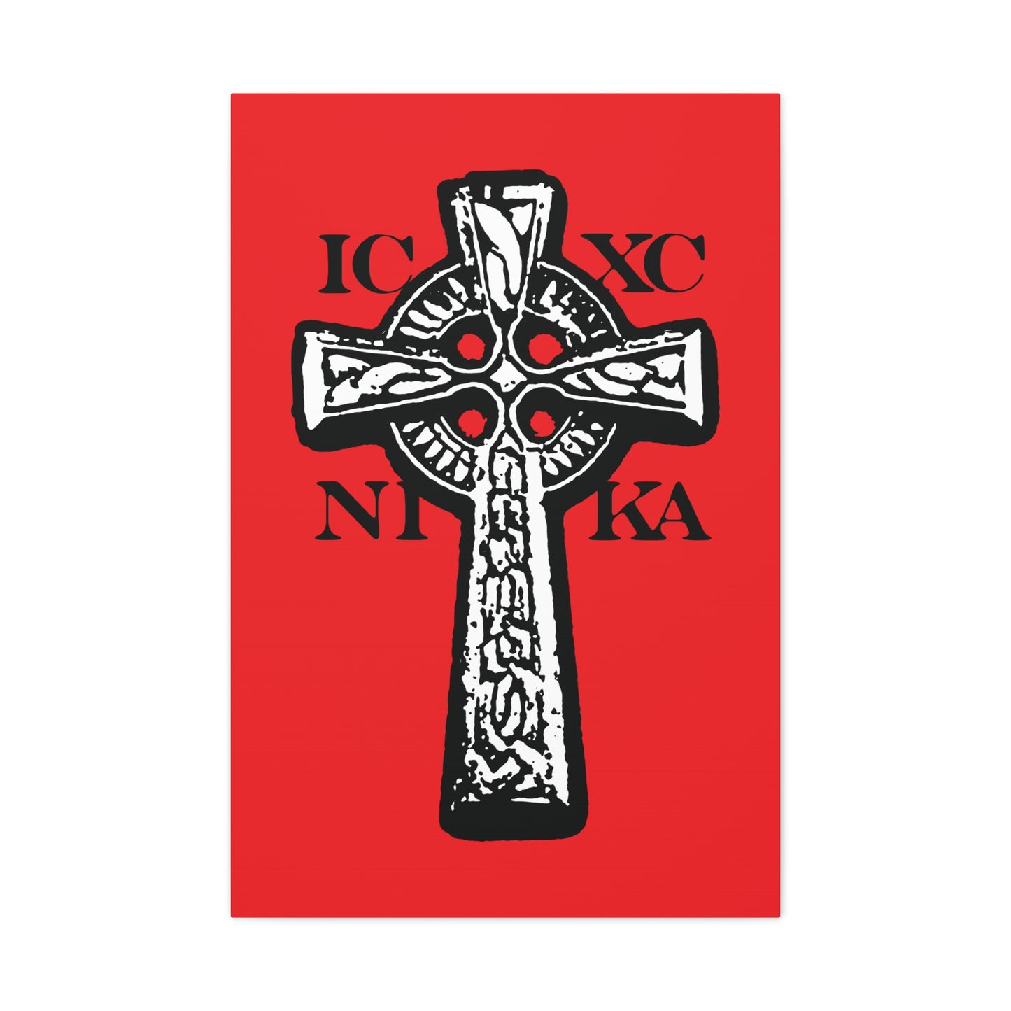 Illustration of the ICXC NIKA Celtic Knotwork Cross—traditional Orthodox Christian wall art depicting “Jesus Christ Conquers”—shown in black and white on a red background.