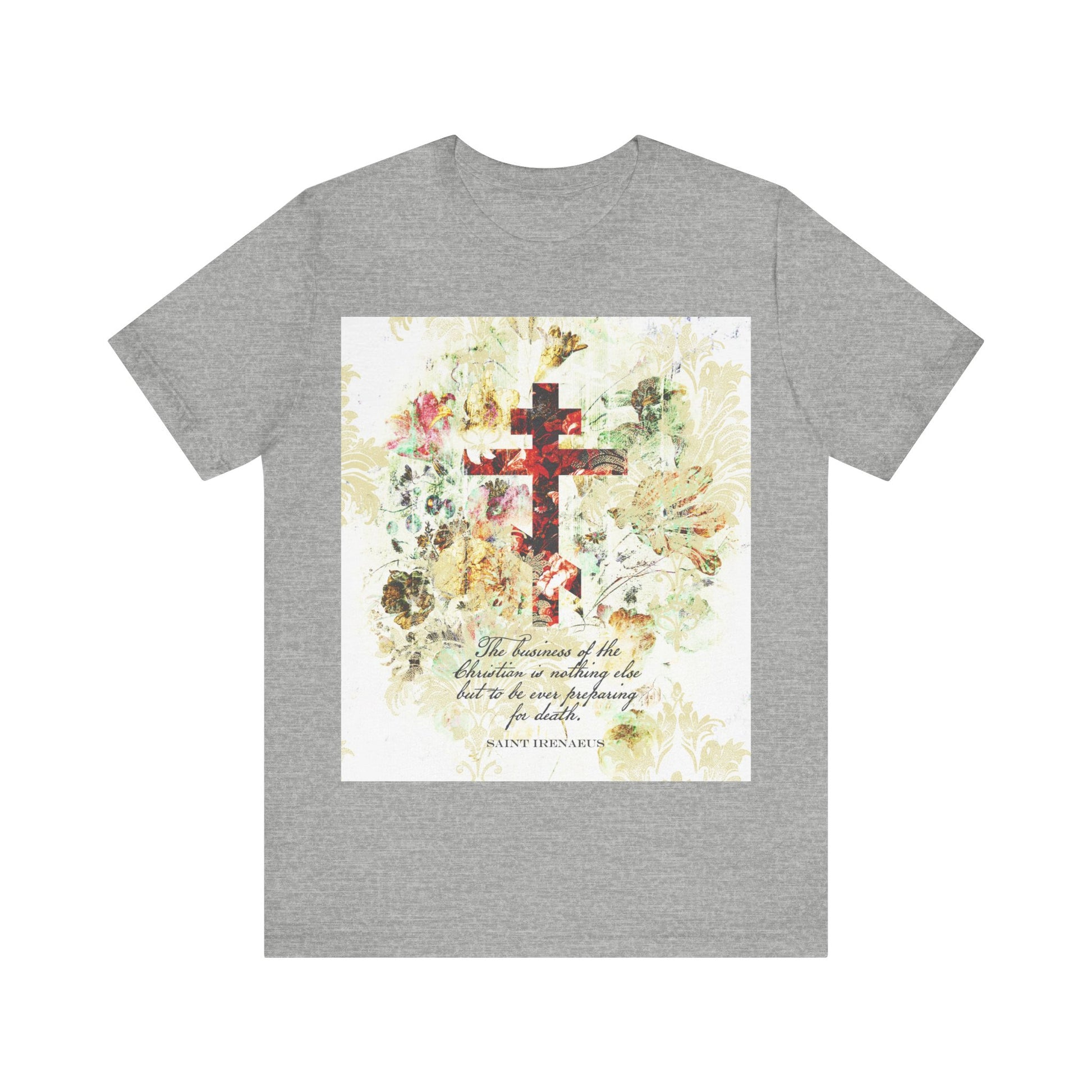 Athletic Heather T-shirt featuring a white & beige floral scrapbook texture cross in an arts & crafts style, inspired by Orthodox Christian writings and St Irenaeus.