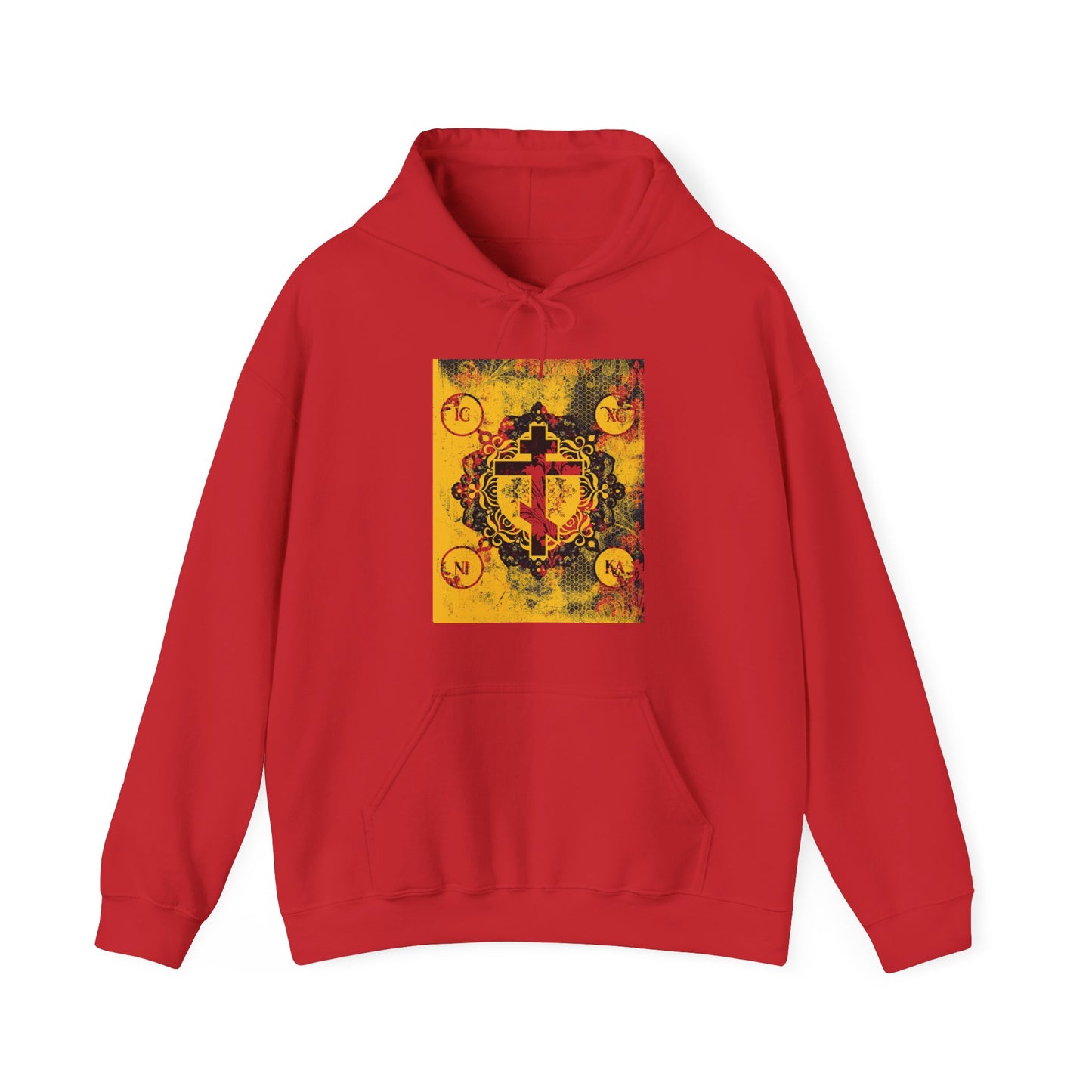 IC XC NIKA Orthodox Cross | Yellow & Red Modern & Medieval Textured Floral Design | Orthodox Christian Hoodie