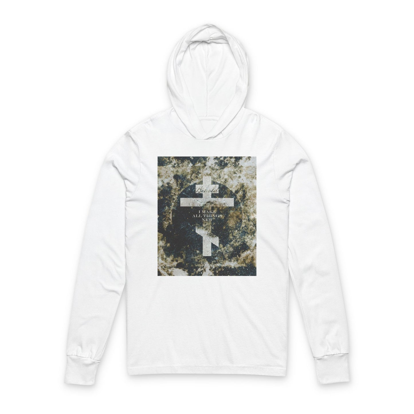 Behold, I Make All Things New | Revelation 21:5 | Cosmic Textured Orthodox Cross | Parousia | Orthodox Long Sleeve Hooded Shirt