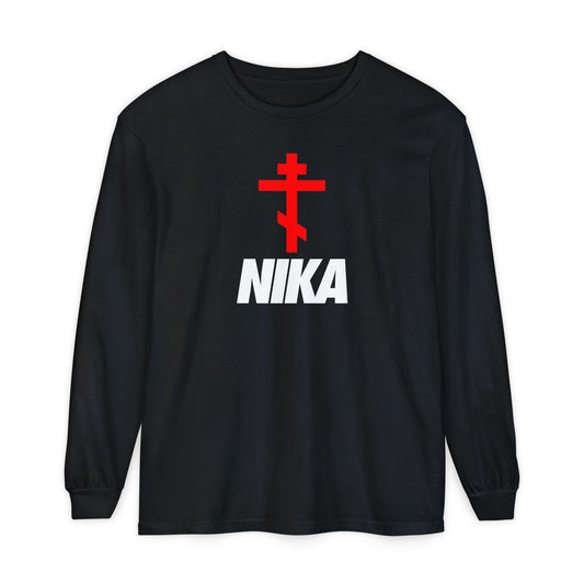 NIKA Red Orthodox Cross | NIKE Logo Mashup | Minimalist Corporate Sports Logo Aesthetic | Orthodox Christian Cotton Long Sleeve Shirt