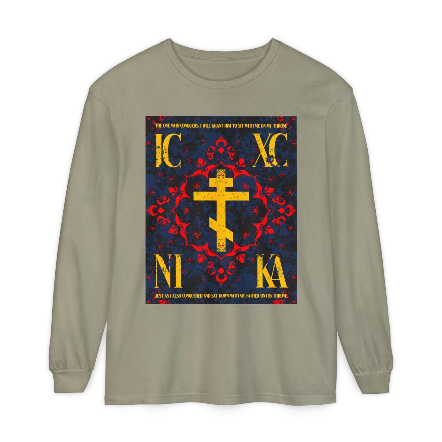 IC XC NIKA Orthodox Cross | Medieval Floral Design | The One Who Conquers (Revelation 3:21) | Orthodox Christian Long Sleeve Shirt