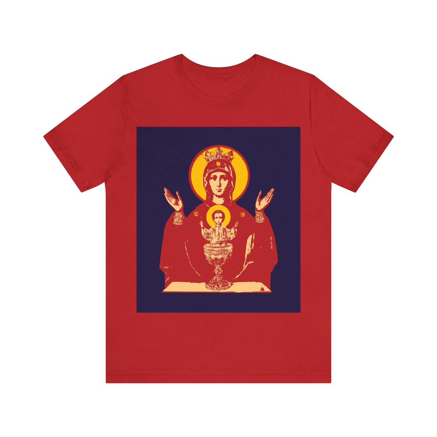 Red t-shirt with a Holy Theotokos IconoGraphic of the Inexhaustible Chalice, Deliverer from Addictions, inspired by Orthodox Christian tradition. Conquer passions and celebrate faith with this unique design.