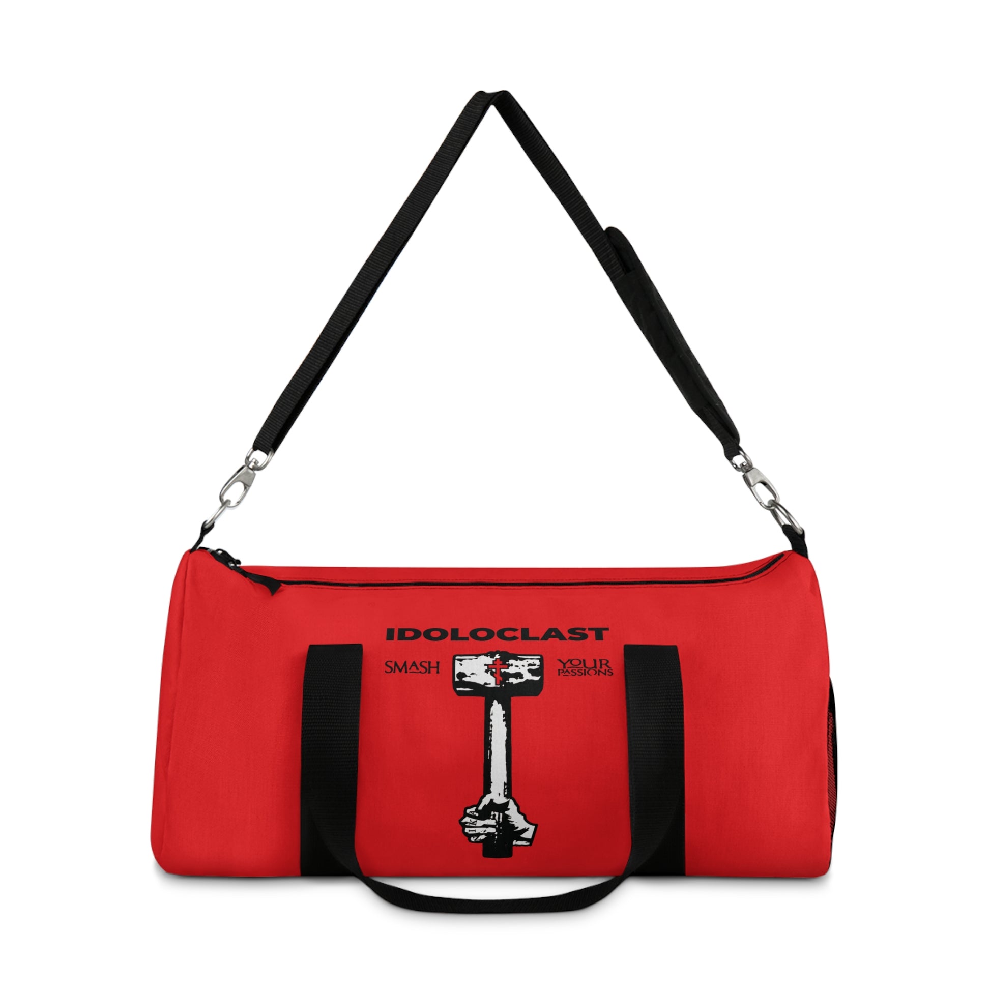 Red gym duffel bag with black straps, featuring a Jesus NIKA fist and sledgehammer graphic with "Smash Your Passions"—inspired by Orthodox Christian teachings. Product: Idoloclast Idol-Smasher.