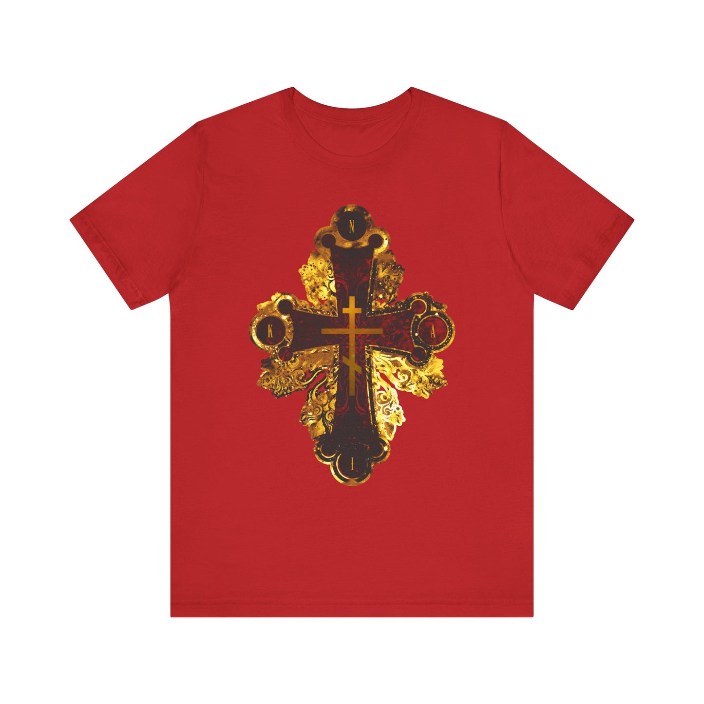 Red t-shirt featuring an ornate metallic Orthodox NIKA cross in gold and black, inspired by Orthodox Christian symbolism, crafted from lightweight cotton.