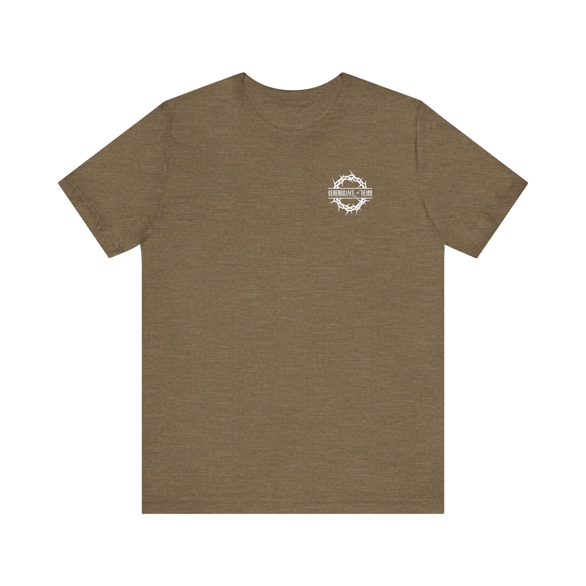Olive green short-sleeve t-shirt with "Dead to this World" front branding and a Christian goth flower cross & skull back print, featuring 70s typography; inspired by the Ladder of Divine Ascent and Orthodox Christian themes.